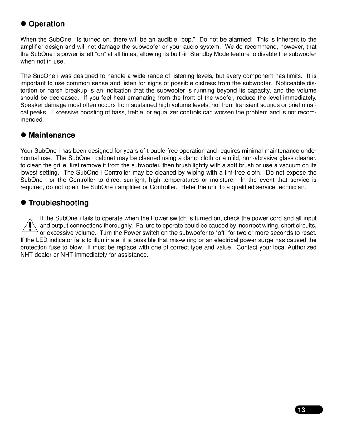 NHT SubOne i user manual Operation, Maintenance, Troubleshooting 