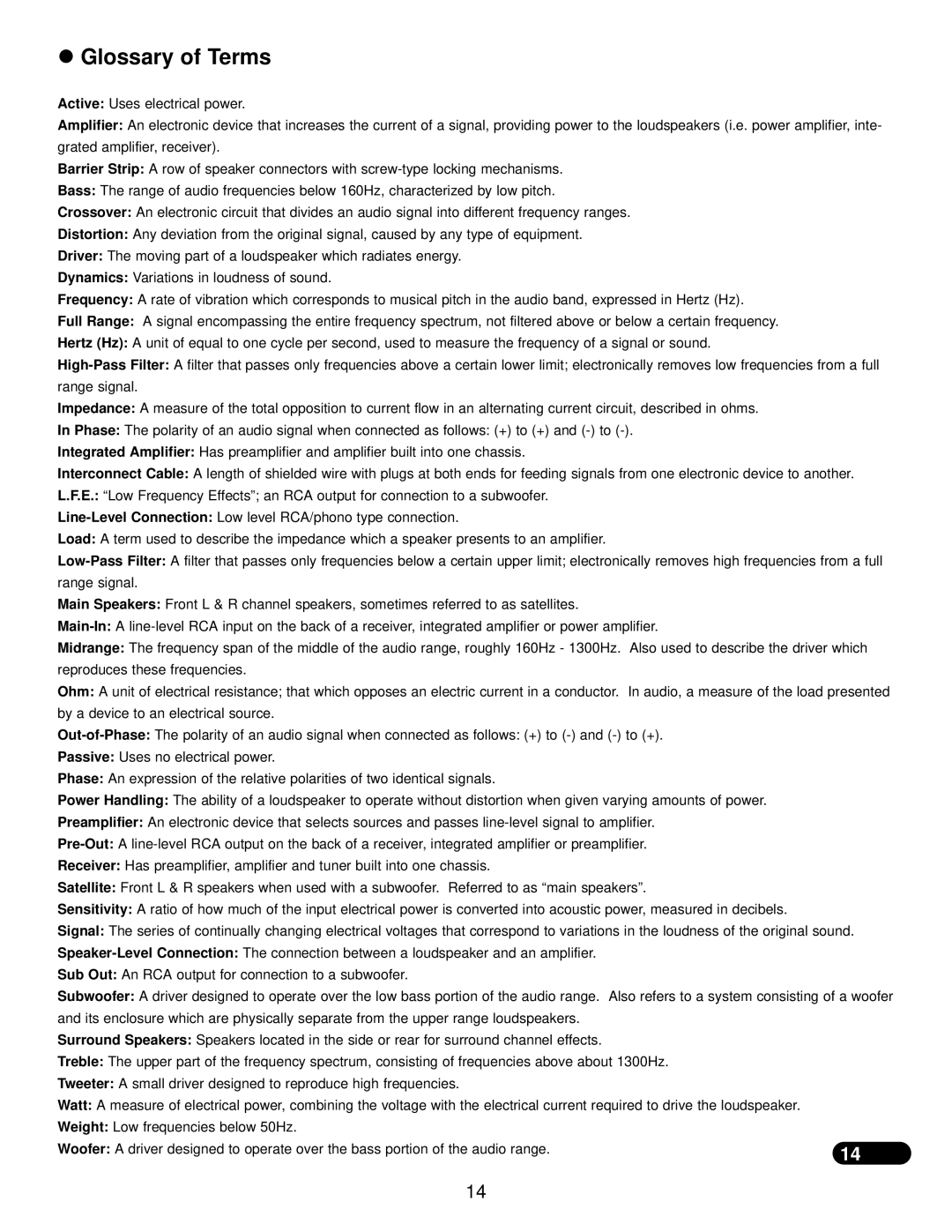 NHT SubOne i user manual Glossary of Terms 