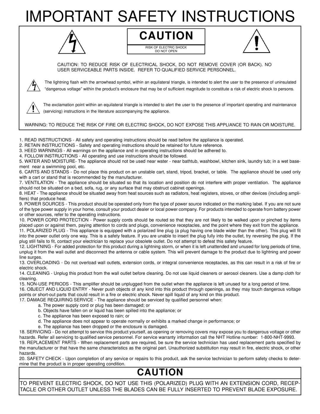 NHT SubOne i user manual Important Safety Instructions 