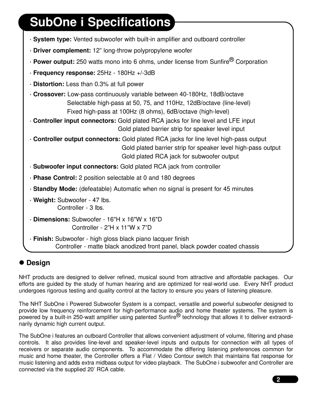 NHT user manual SubOne i Specifications, Design 