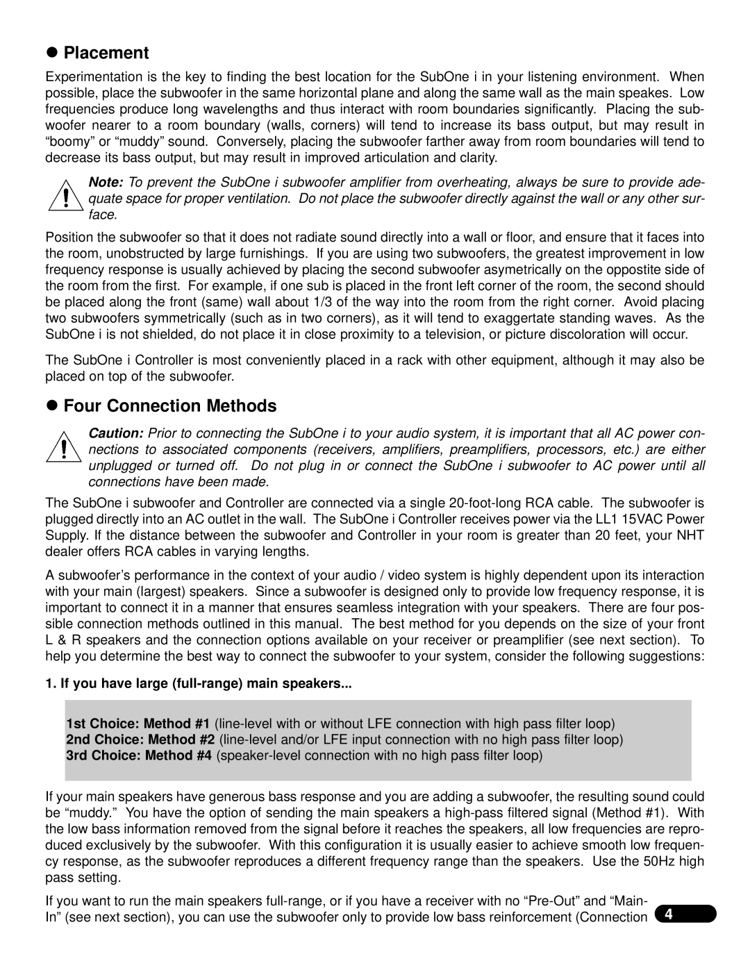 NHT SubOne i user manual Placement, Four Connection Methods 