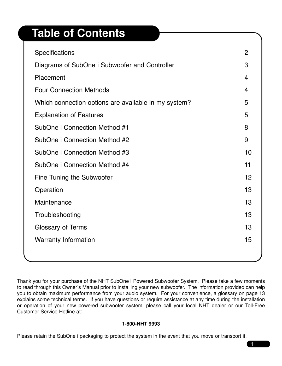 NHT SubOne i user manual Table of Contents 
