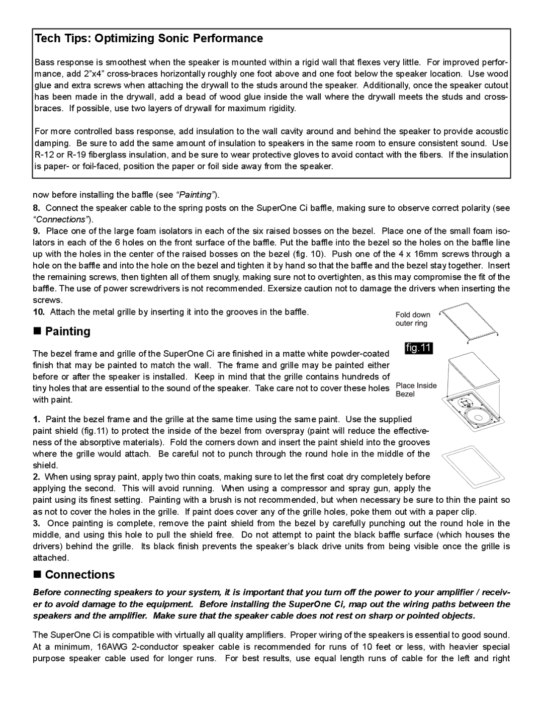 NHT SuperOne Ci owner manual Tech Tips Optimizing Sonic Performance, „ Painting, „ Connections 