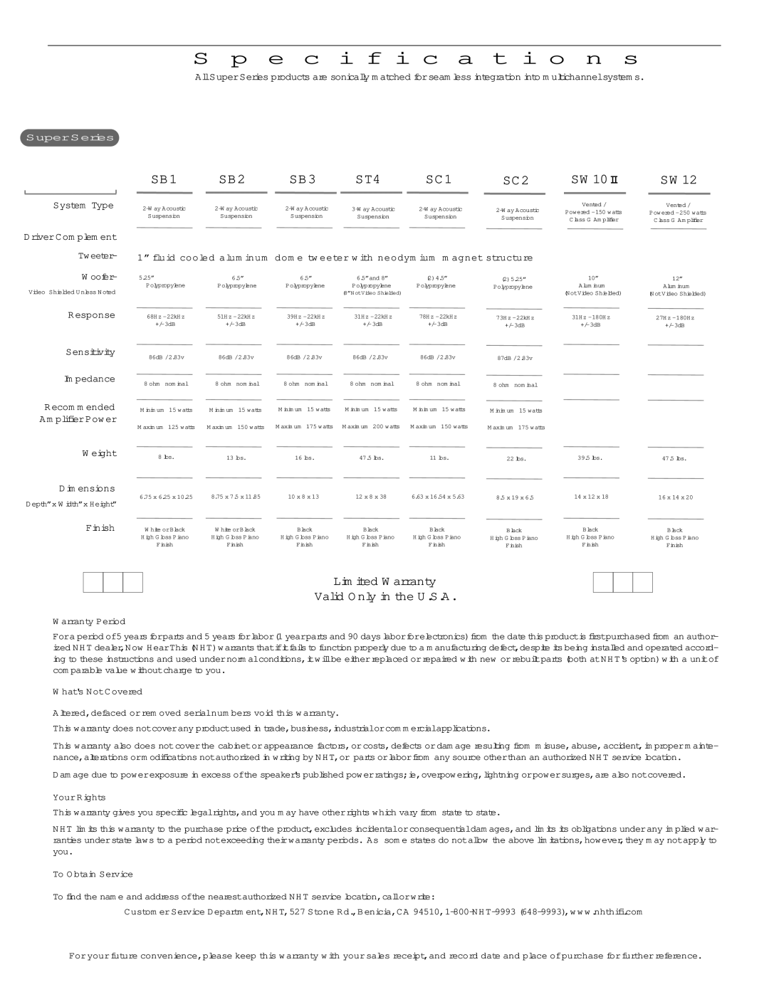 NHT SW 10 user manual Specification s, Lim ited W arranty Valid O nly in the U .S.A 