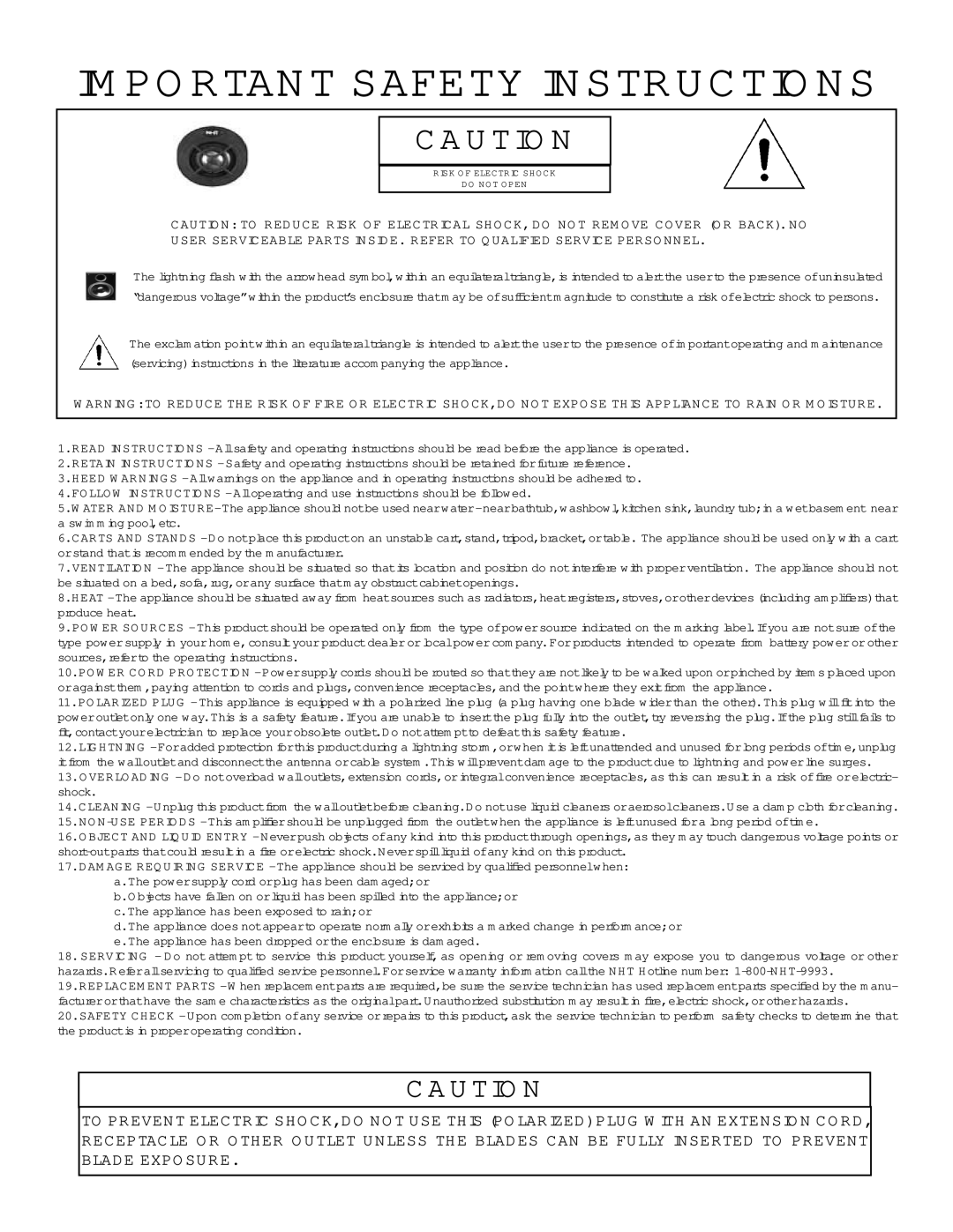 NHT SW 10 user manual IM PO Rtant Safety Instructio NS 