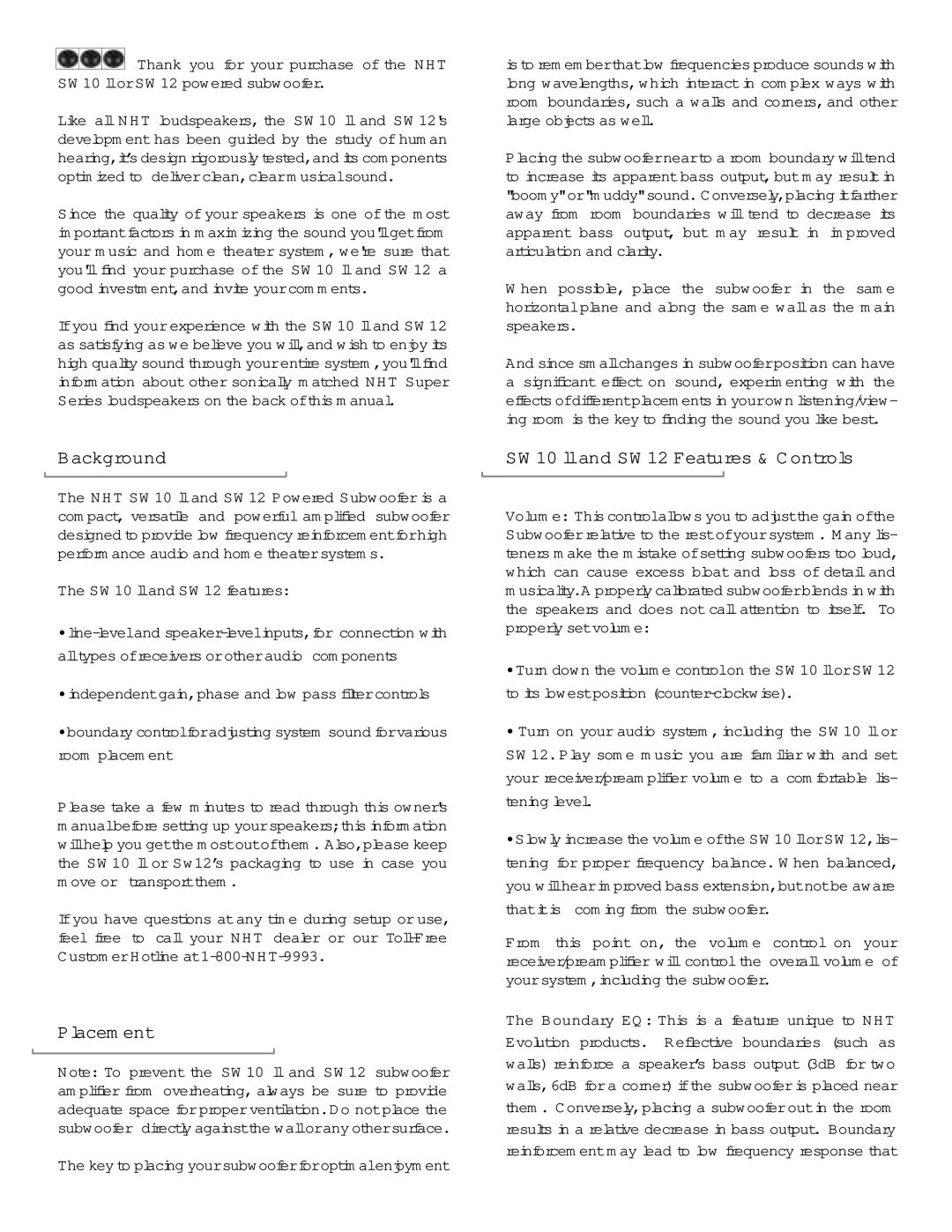 NHT user manual Background, Placem ent, SW 10 lland SW 12 Features & Controls 