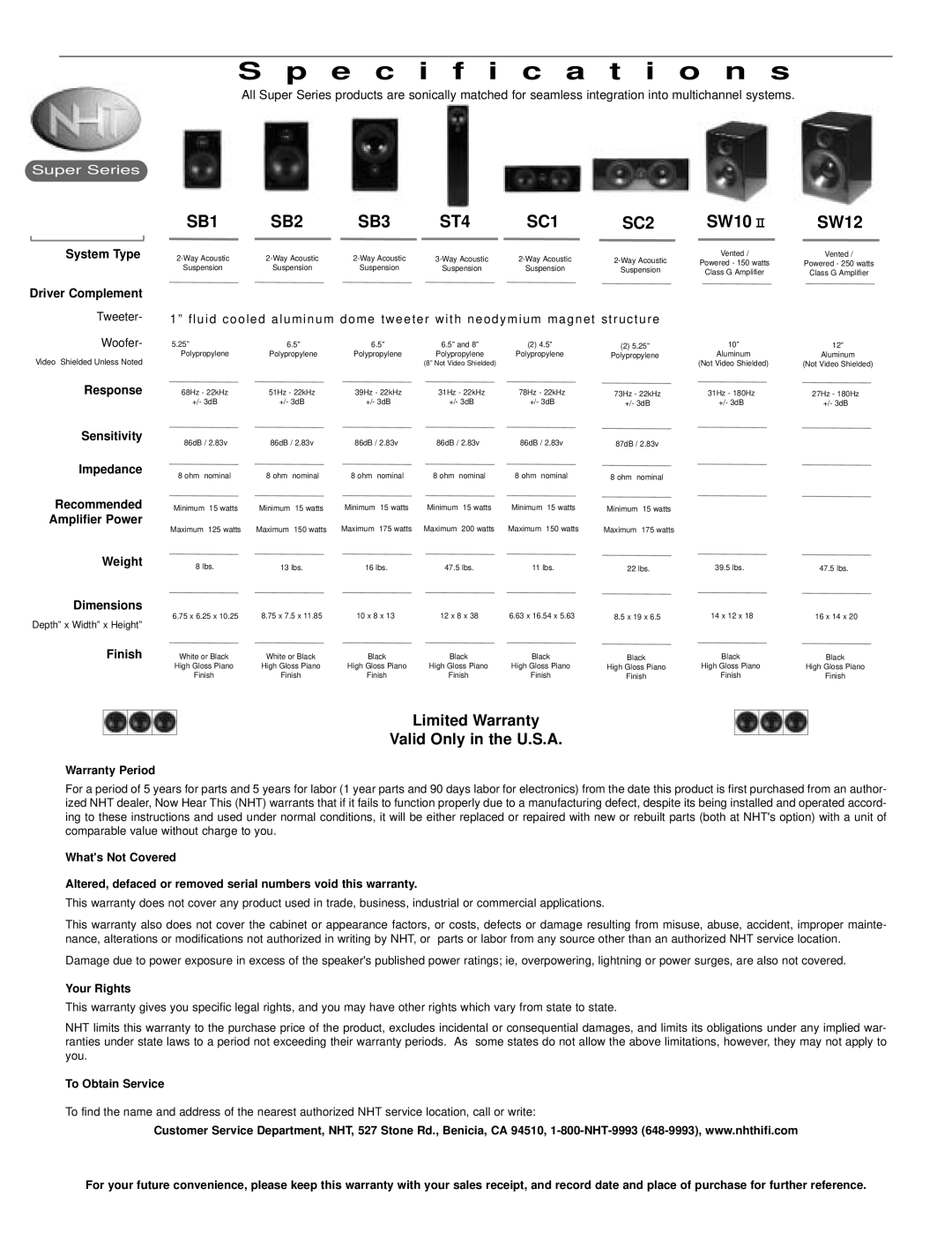 NHT SW10, SW12 user manual Specification s, Limited Warranty Valid Only in the U.S.A 