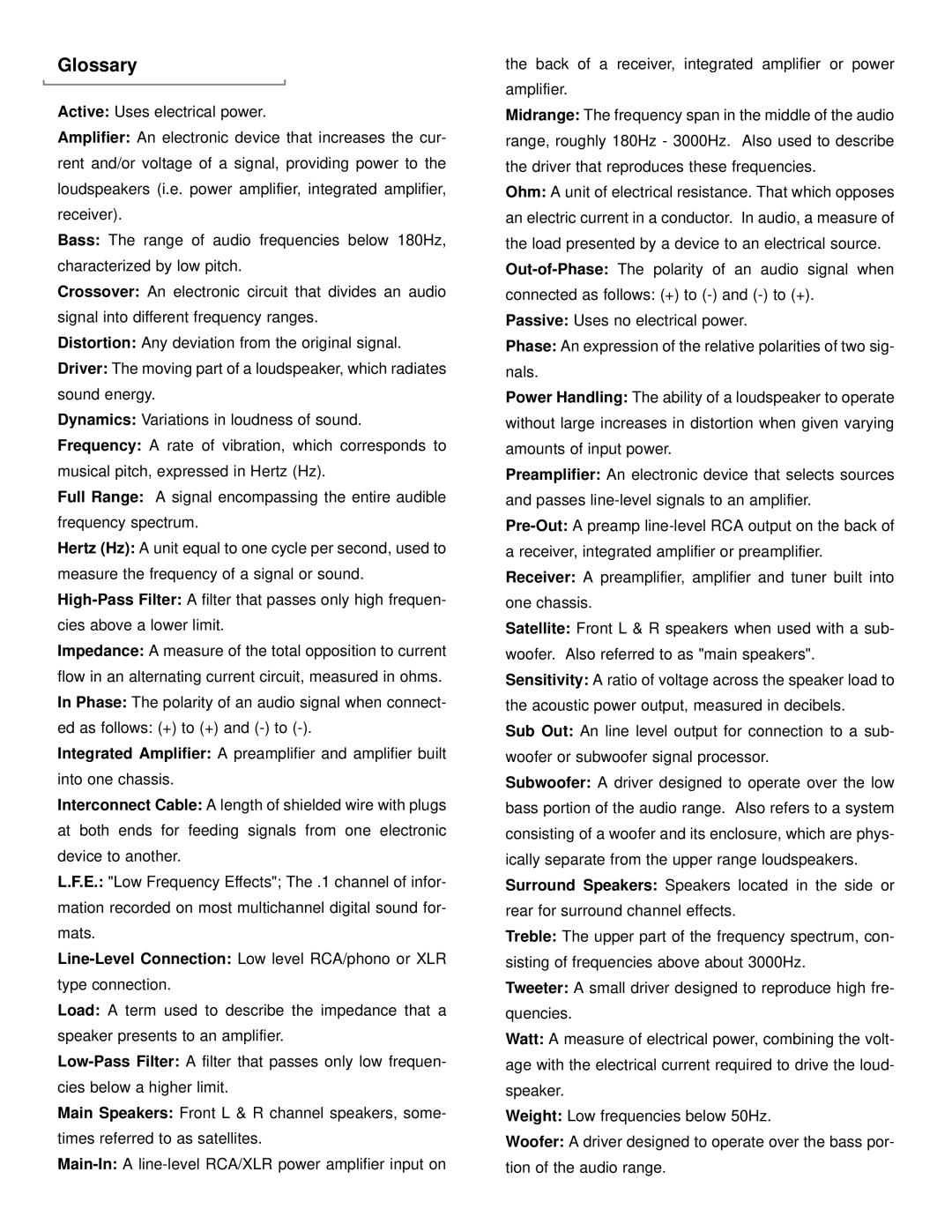 NHT SW12, SW10 user manual Glossary 