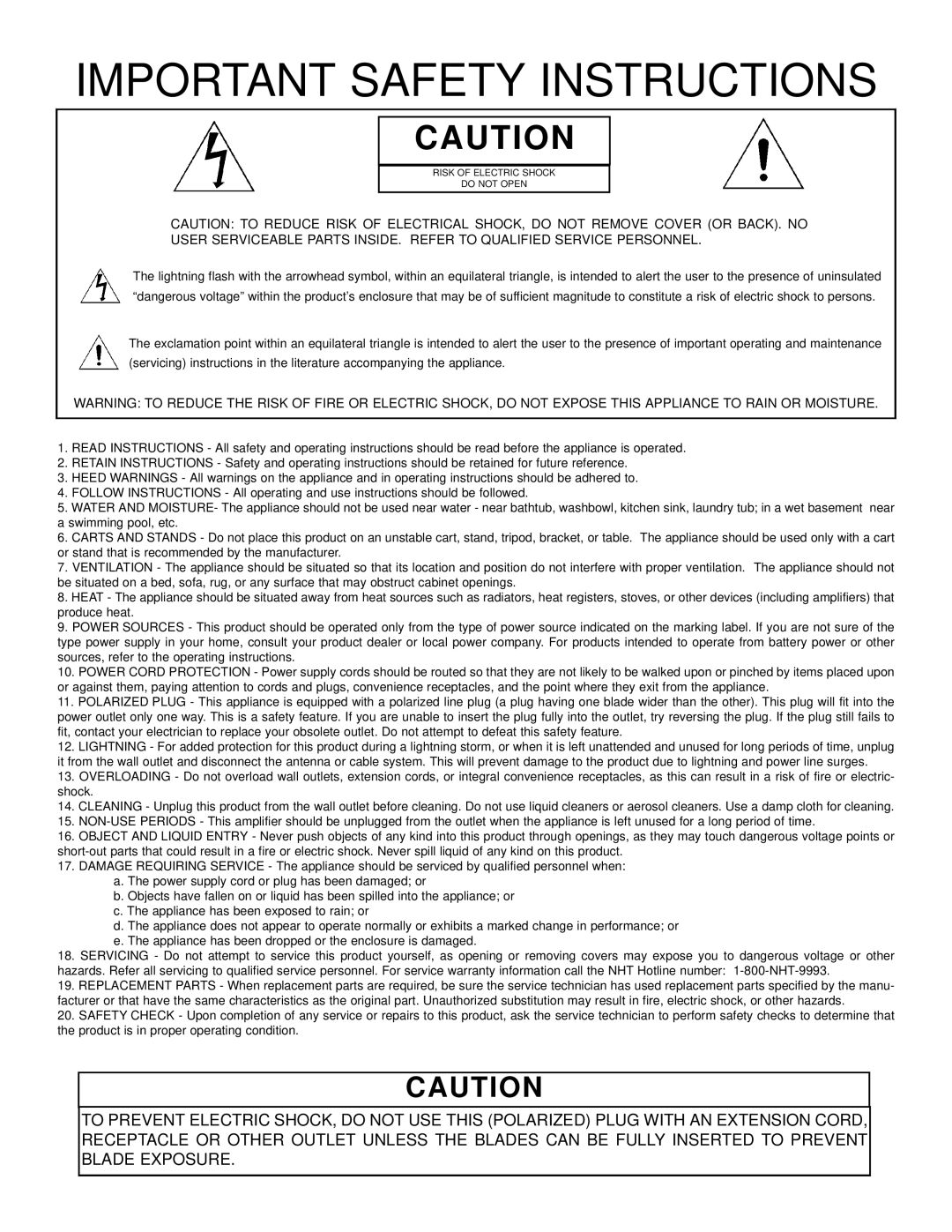NHT SW10, SW12 user manual Important Safety Instructions 
