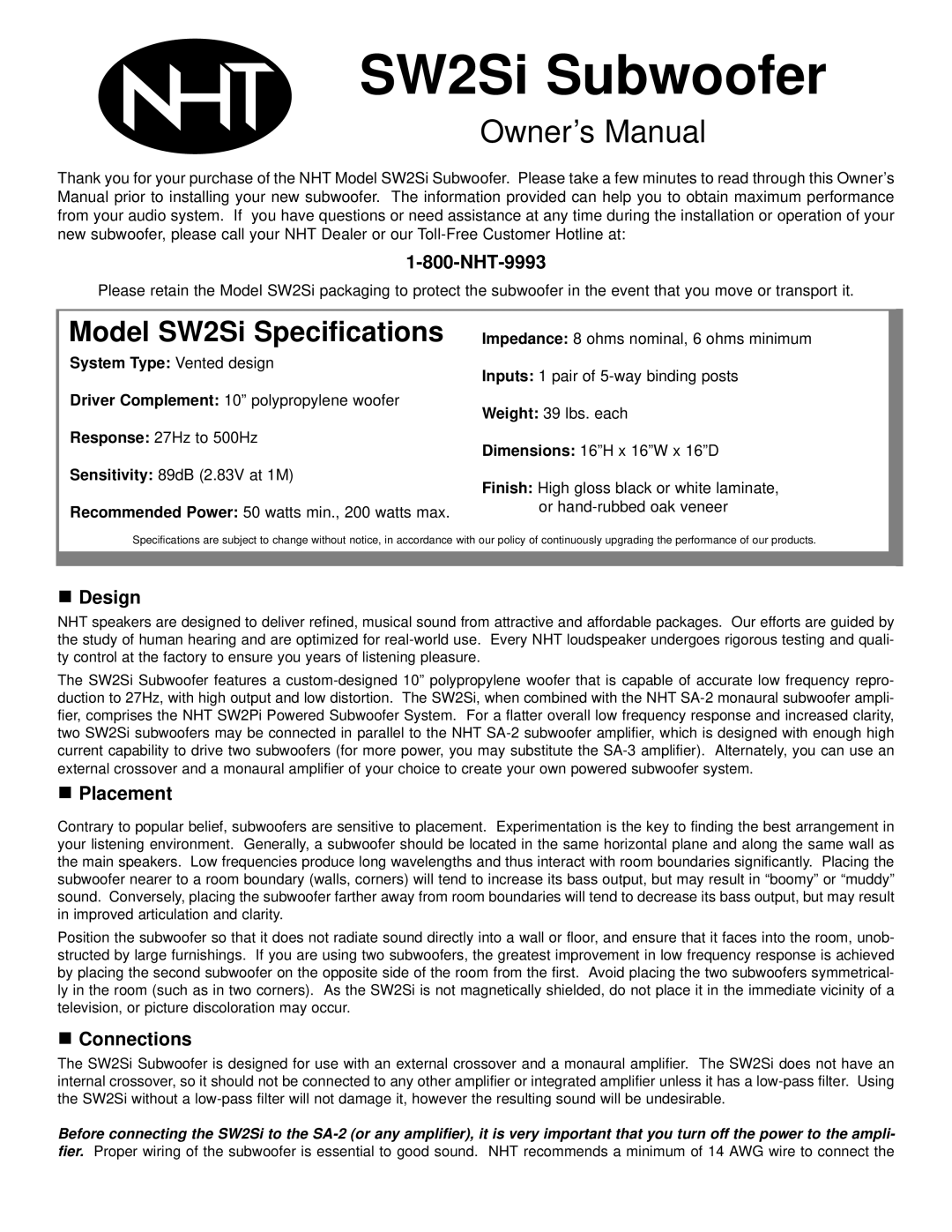 NHT SW2SI owner manual Design, Placement, Connections, SW2Si Subwoofer, Model SW2Si Specifications 