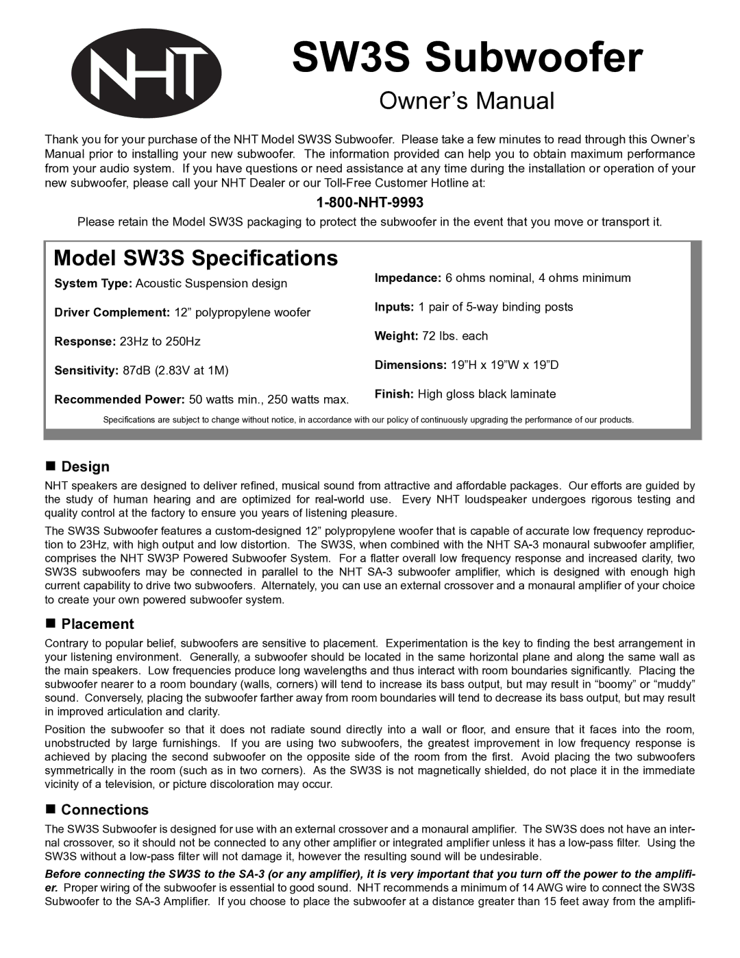 NHT SW3S owner manual NHT-9993, „ Design, „ Placement, „ Connections 