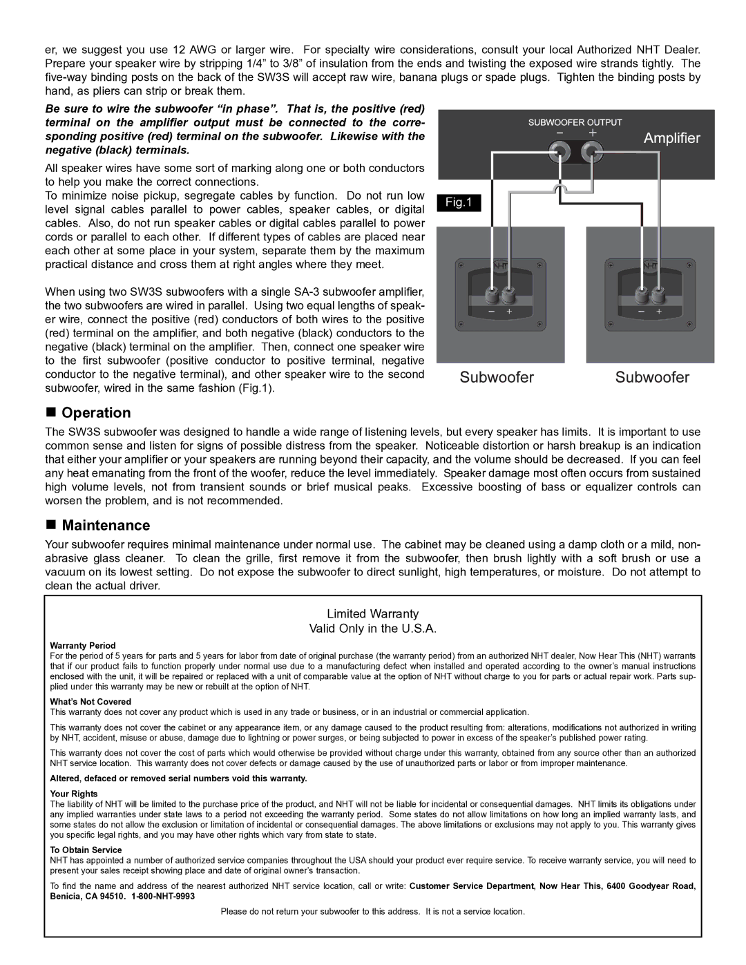 NHT SW3S owner manual „ Operation, „ Maintenance, Warranty Period What’s Not Covered, To Obtain Service 