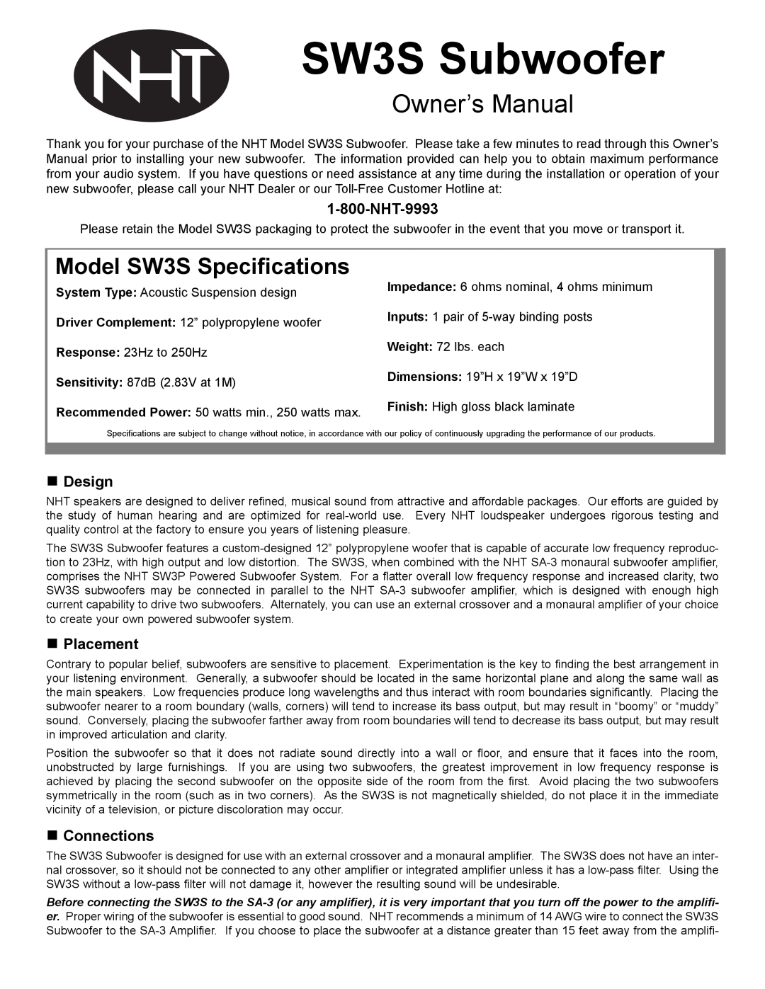 NHT owner manual „Design, „Placement, „Connections, SW3S Subwoofer, Model SW3S Specifications 