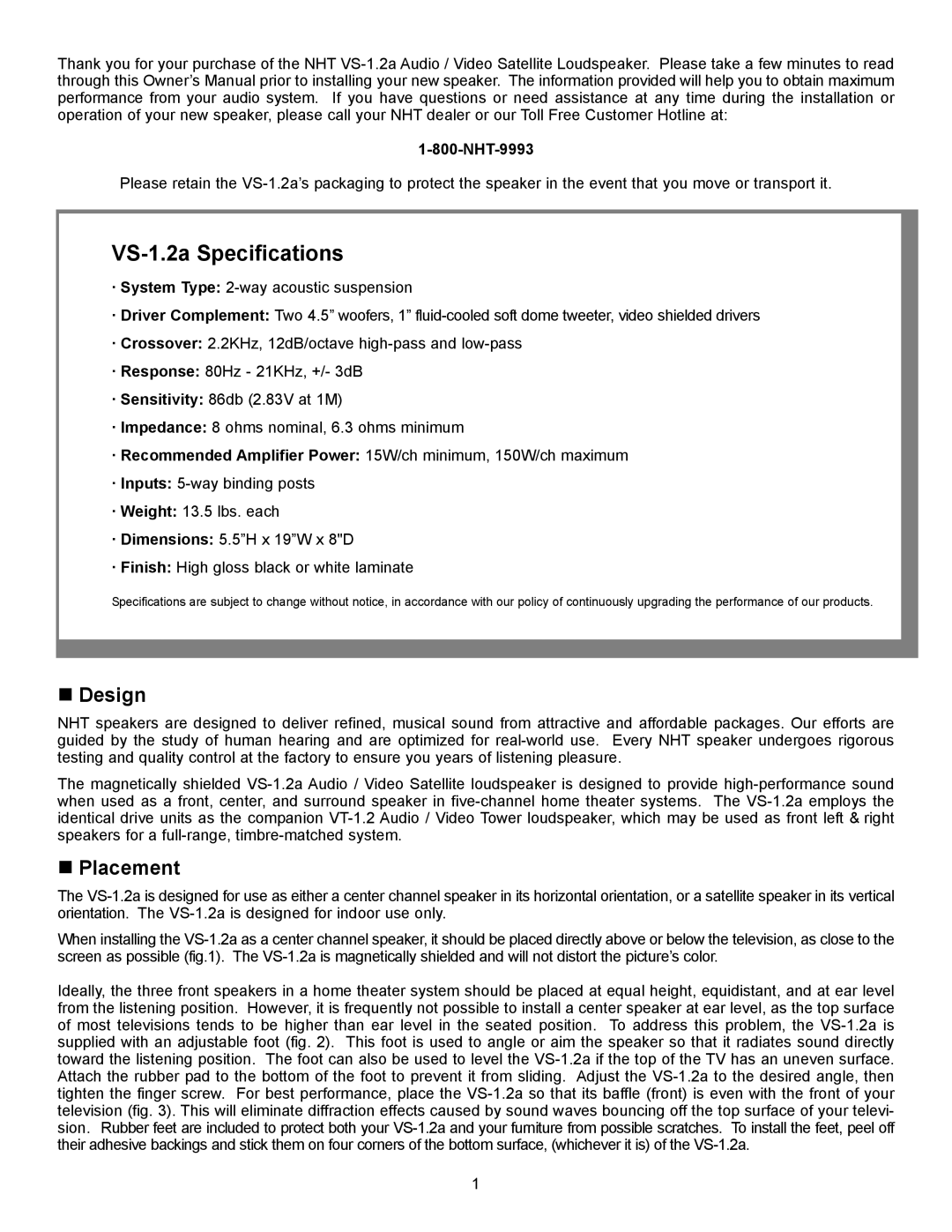 NHT owner manual VS-1.2a Specifications, „ Design, „ Placement 