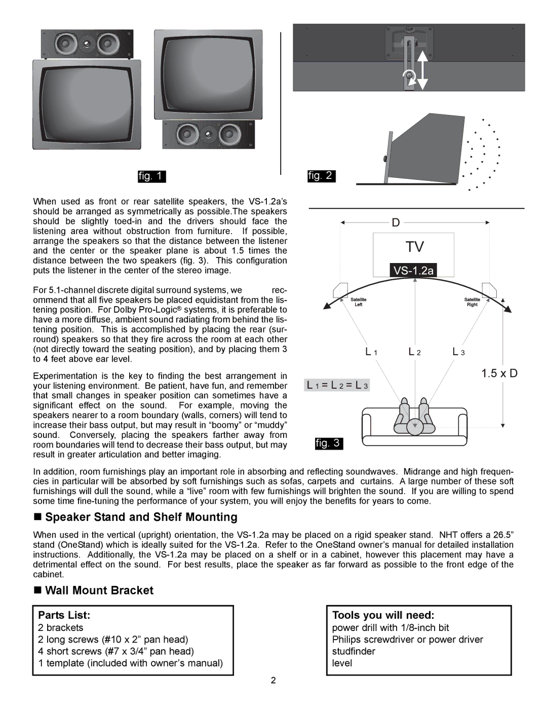 NHT VS-1.2a owner manual „ Speaker Stand and Shelf Mounting „ Wall Mount Bracket, Parts List, Tools you will need 