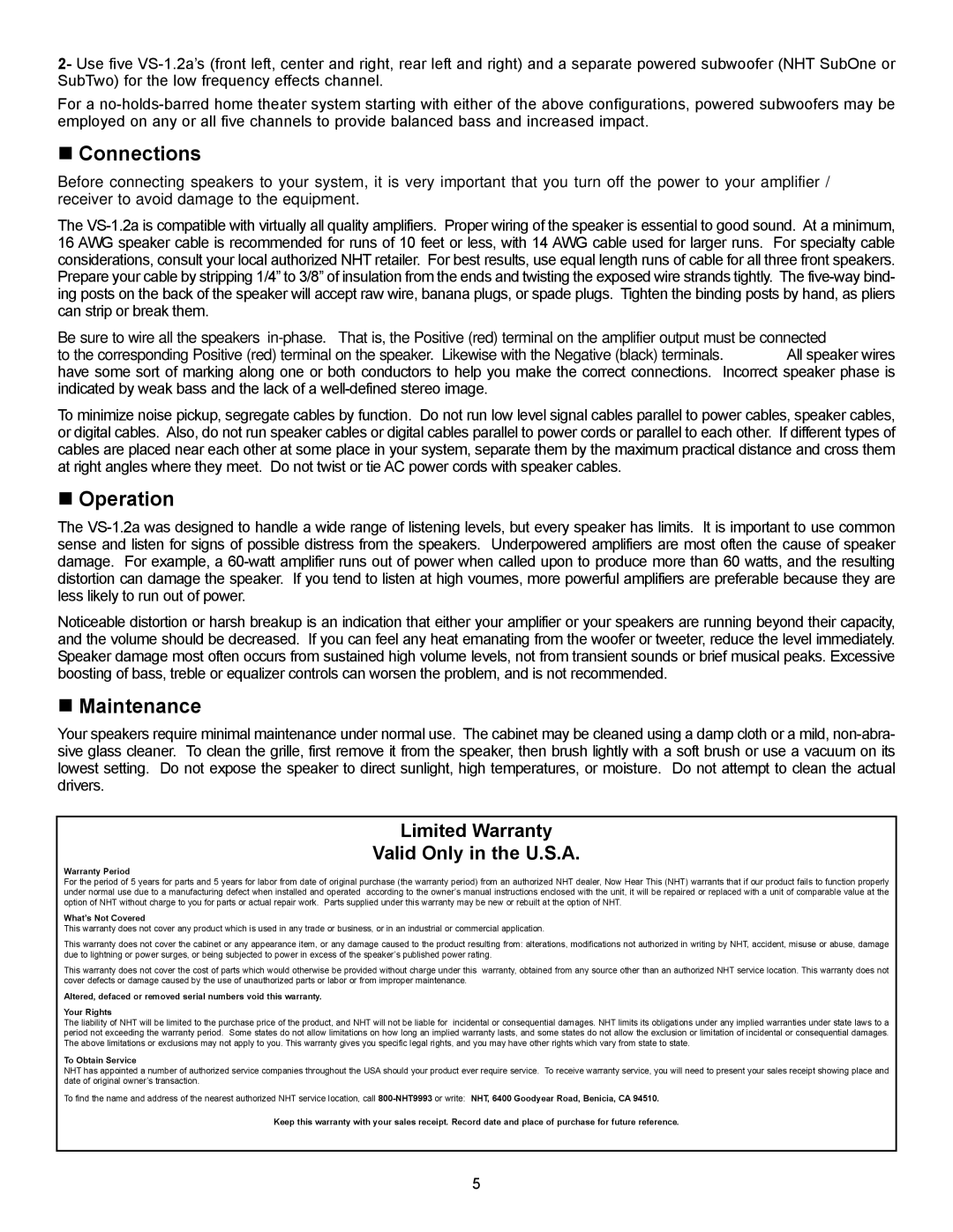 NHT VS-1.2a owner manual „ Connections, „ Operation, „ Maintenance, Limited Warranty Valid Only in the U.S.A 