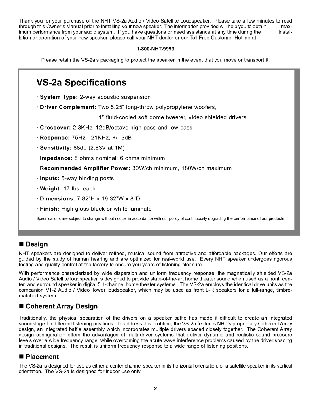 NHT owner manual VS-2a Specifications, „ Design, „ Coherent Array Design, „ Placement 