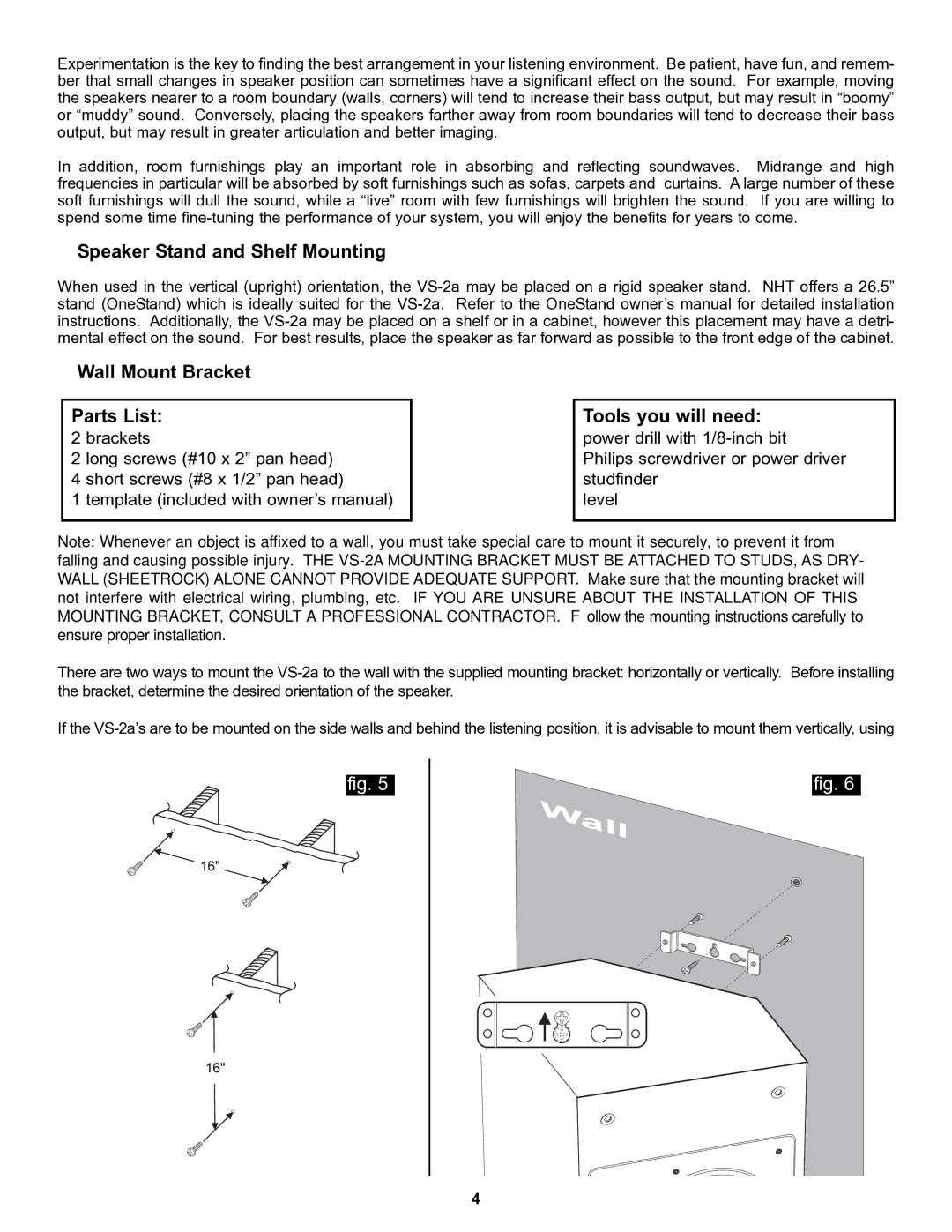 NHT VS-2a owner manual Tools you will need 