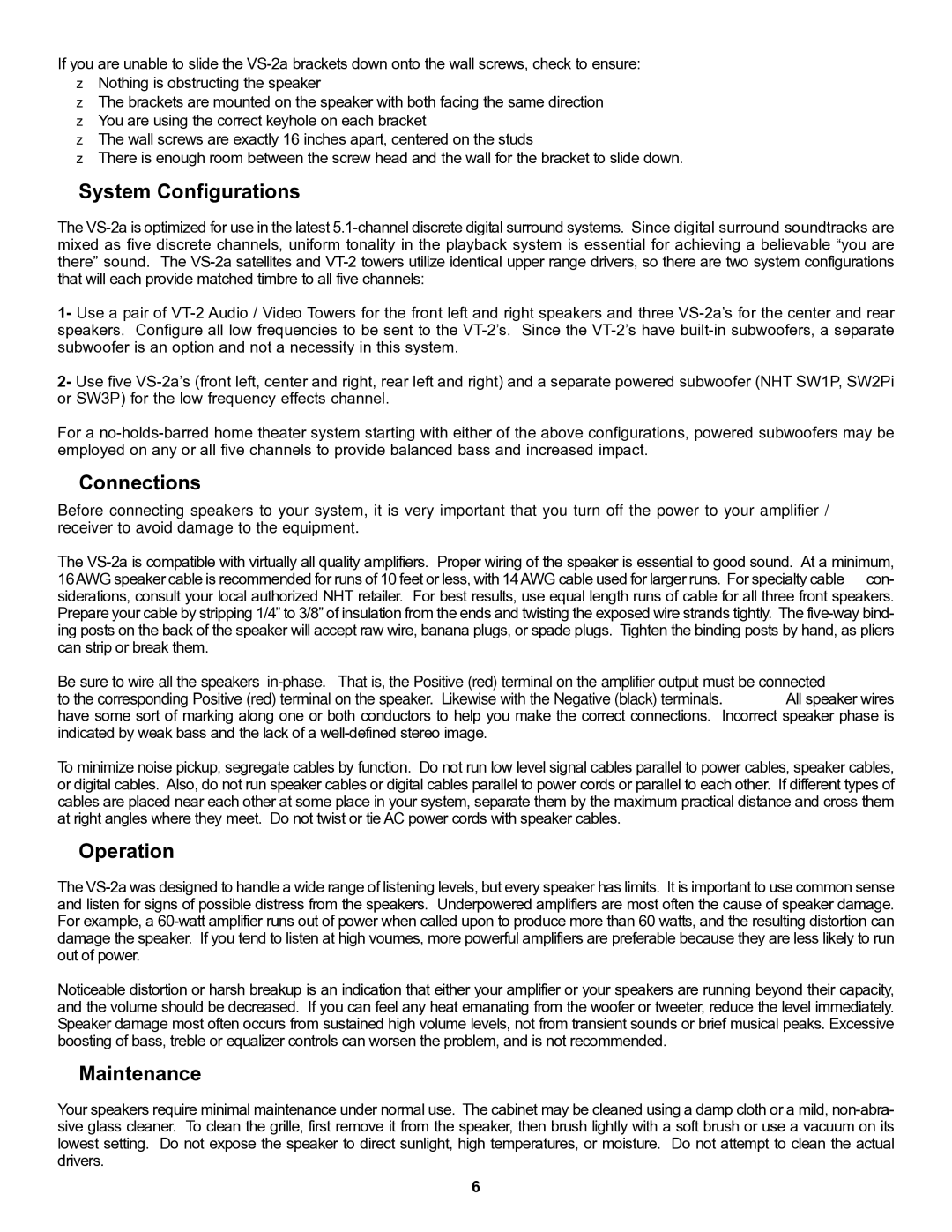 NHT VS-2a owner manual „ System Configurations, „ Connections, „ Operation, „ Maintenance 