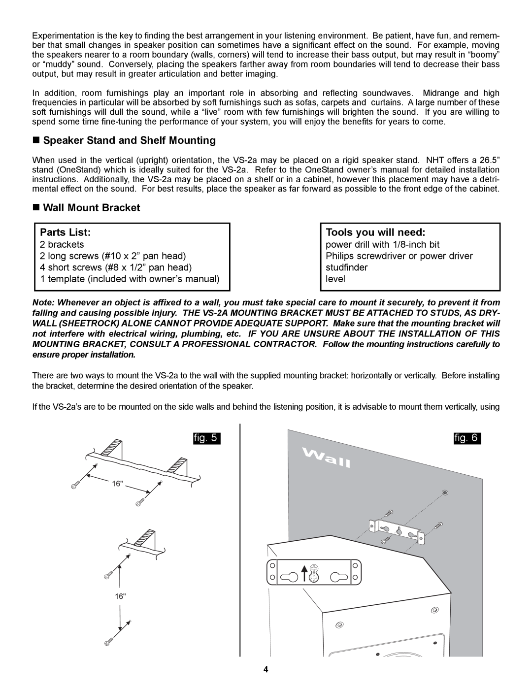 NHT VS-2a owner manual „Speaker Stand and Shelf Mounting, „Wall Mount Bracket Parts List, Tools you will need, fig 