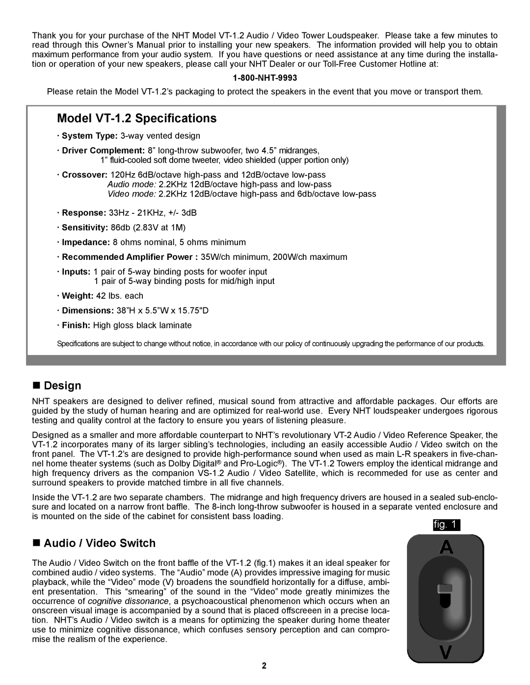 NHT owner manual Model VT-1.2 Specifications, „ Design, „ Audio / Video Switch 