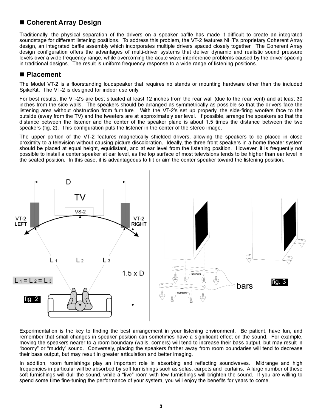 NHT VT-2 owner manual „ Coherent Array Design, „ Placement 