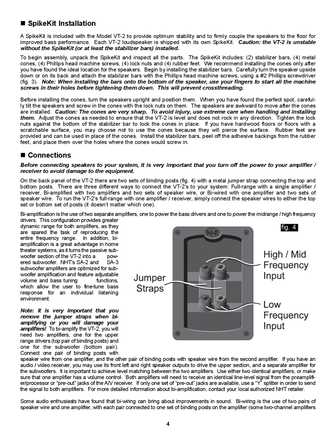 NHT VT-2 owner manual „ SpikeKit Installation, „ Connections 