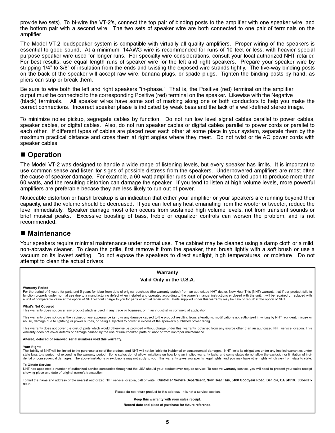 NHT VT-2 owner manual „ Operation, „ Maintenance 