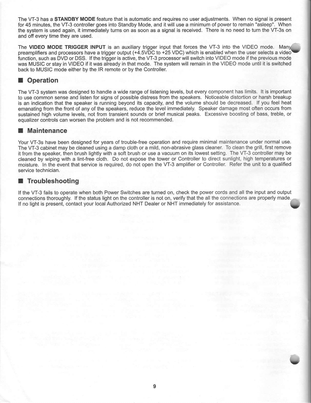 NHT VT-3 warranty Operation, Maintenance, Troubleshooting 