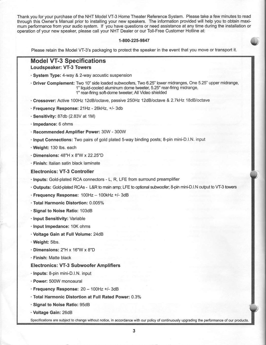 NHT warranty ModelVT-3Specifications, ElectronicsVT-3Controller 