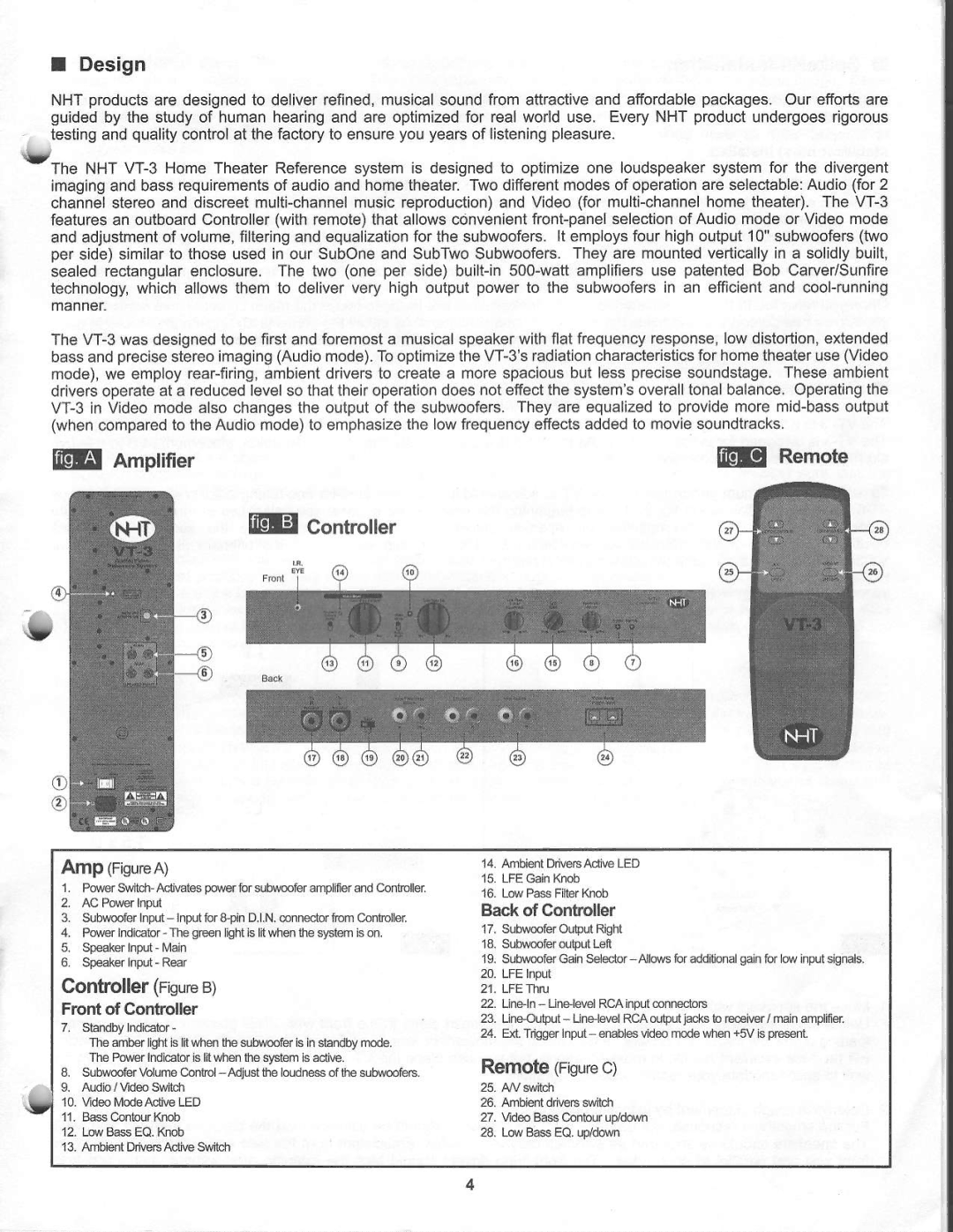 NHT VT-3 warranty Design, @ Amplifier, ControllerFigureB, RemoteFigurec 