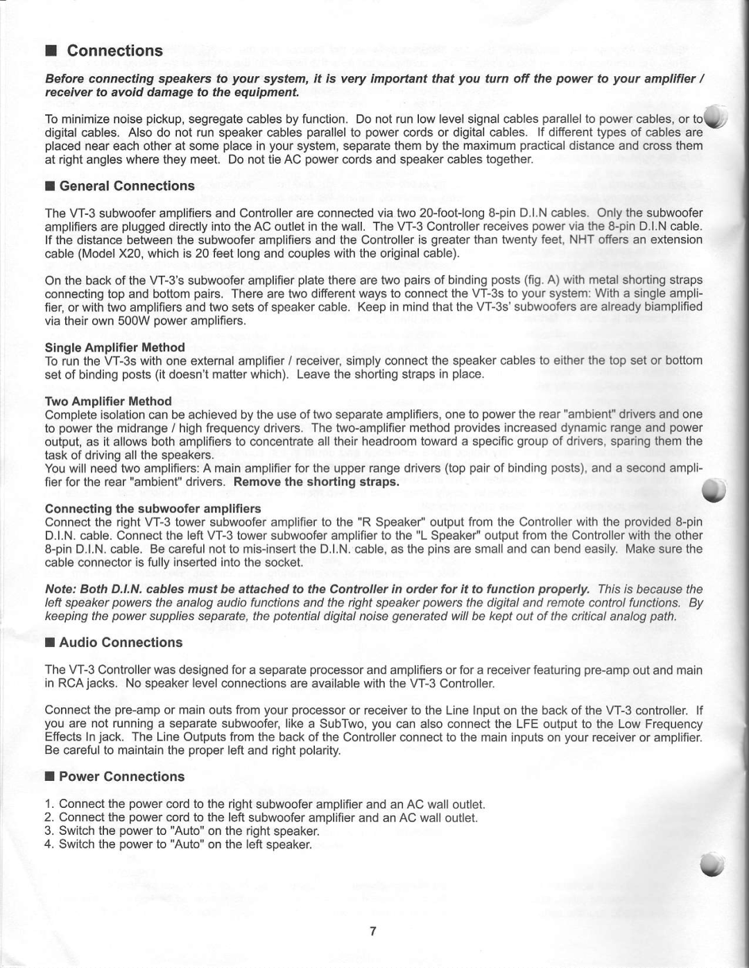 NHT VT-3 warranty Connections 