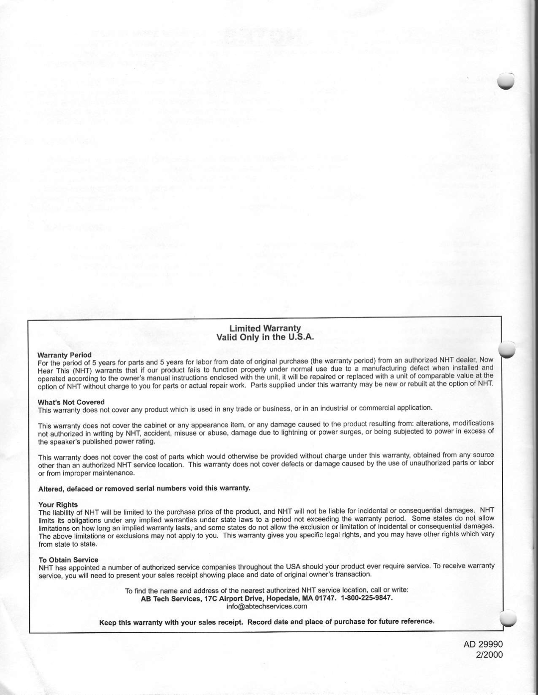 NHT VT-3 warranty LimitedWarranty ValidOnlyin the U.S.A, AD 29990 2/2000 