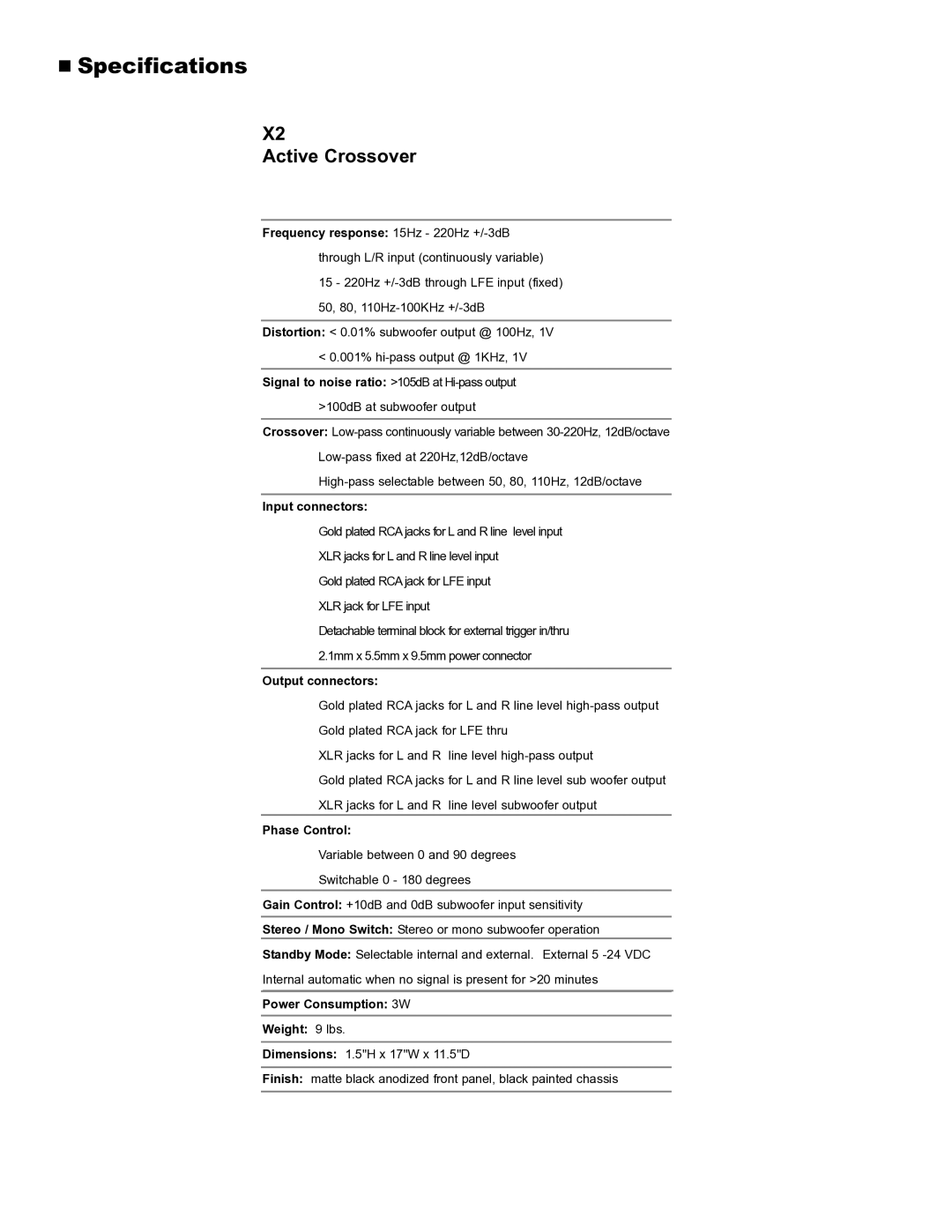 NHT X2 owner manual „ Specifications 