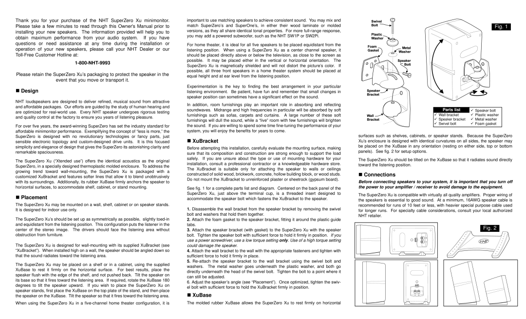 NHT owner manual Design, Placement, XuBracket, XuBase, Connections 