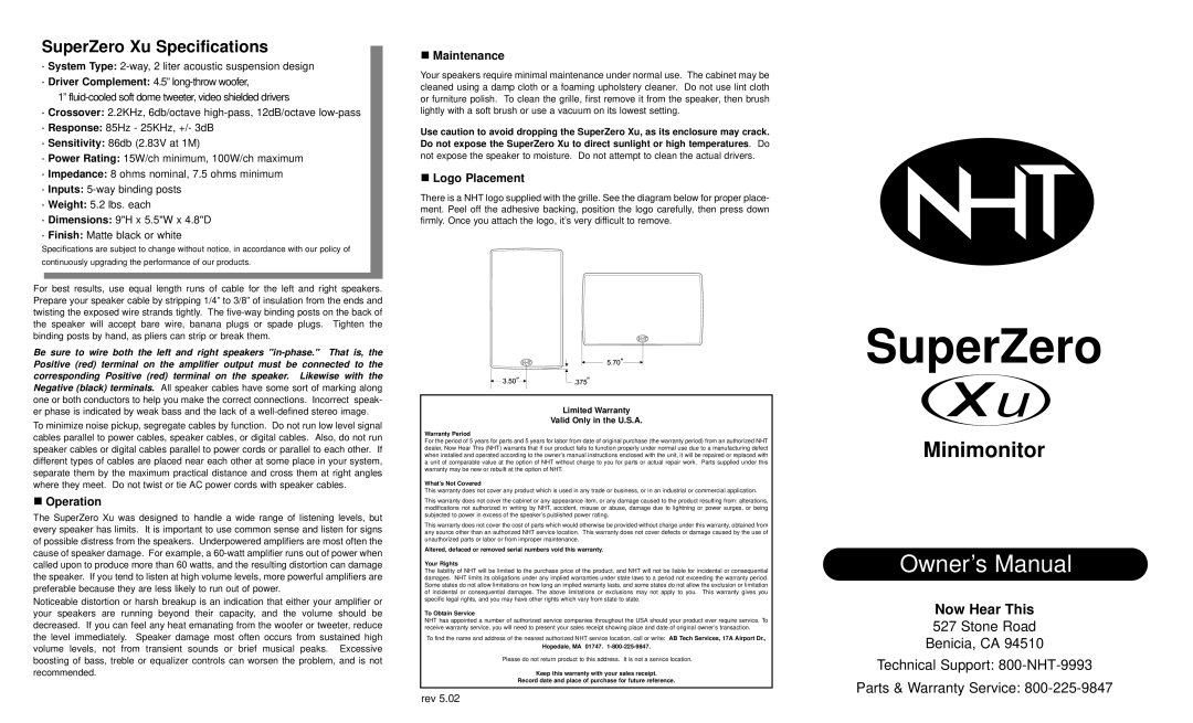 NHT Xu owner manual Operation, Maintenance, Logo Placement 