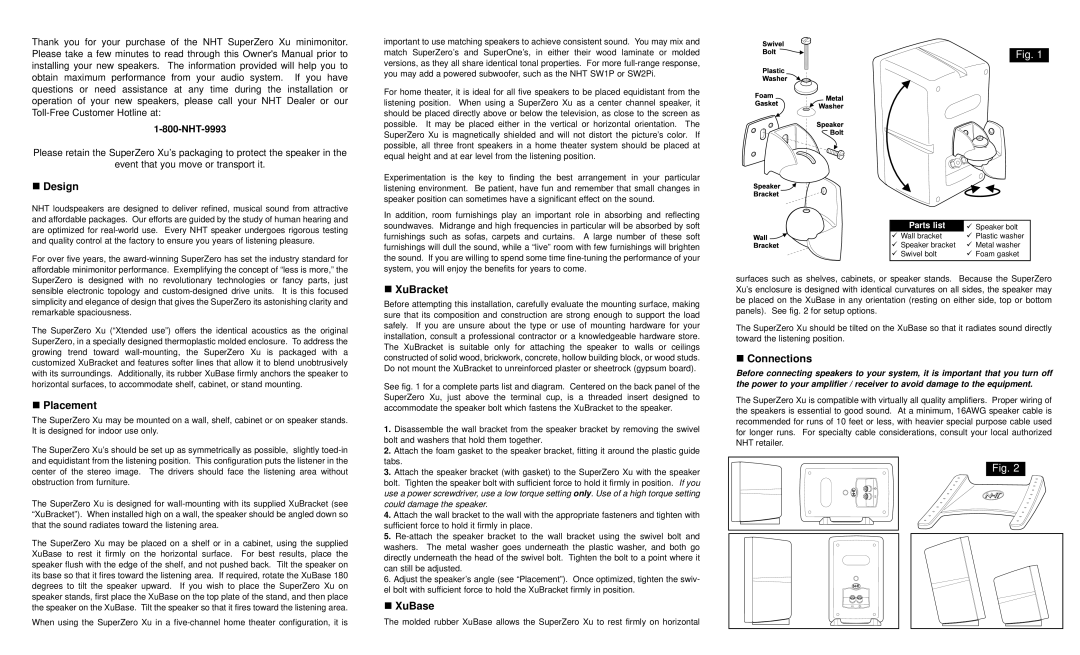 NHT owner manual Design, Placement, XuBracket, XuBase, Connections, NHT-9993 