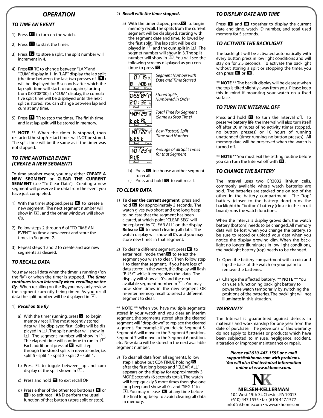 Nielsen-Kellerman 2000xc To Time AN Event, To Recall Data, To Clear Data, To Display Date and Time, To Change the Battery 