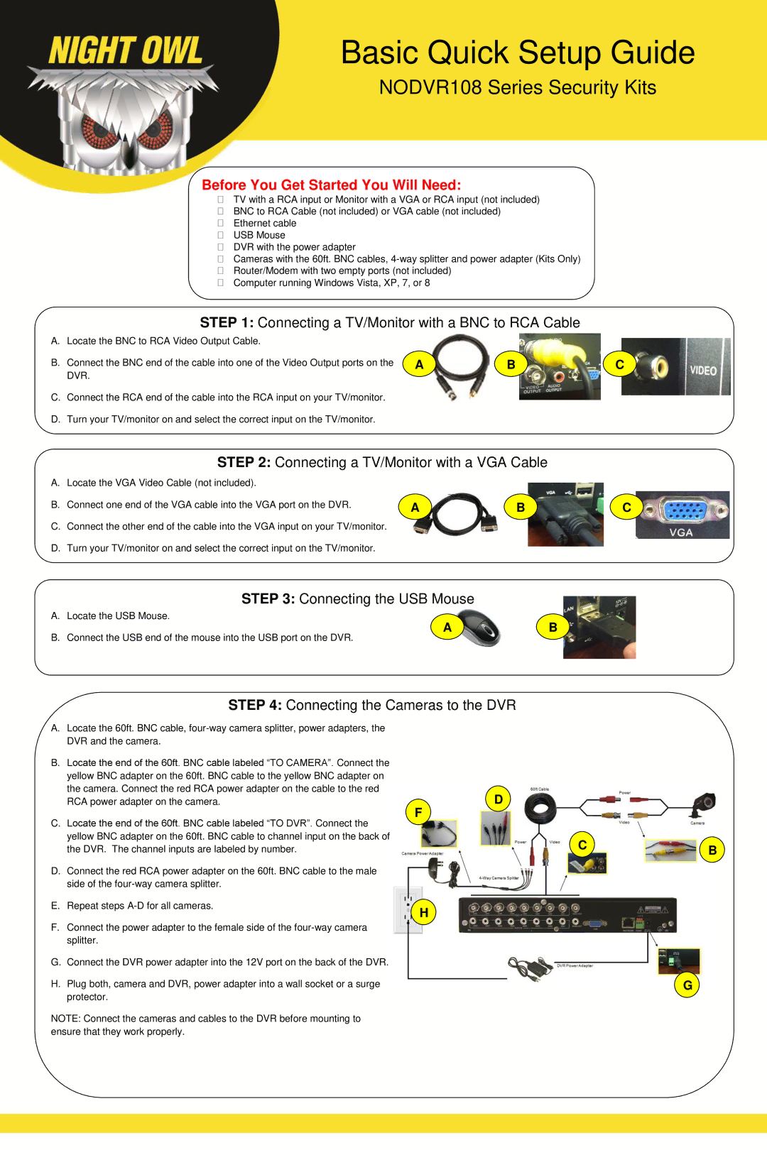 Night Owl Optics 108 setup guide Connecting a TV/Monitor with a BNC to RCA Cable, Connecting a TV/Monitor with a VGA Cable 