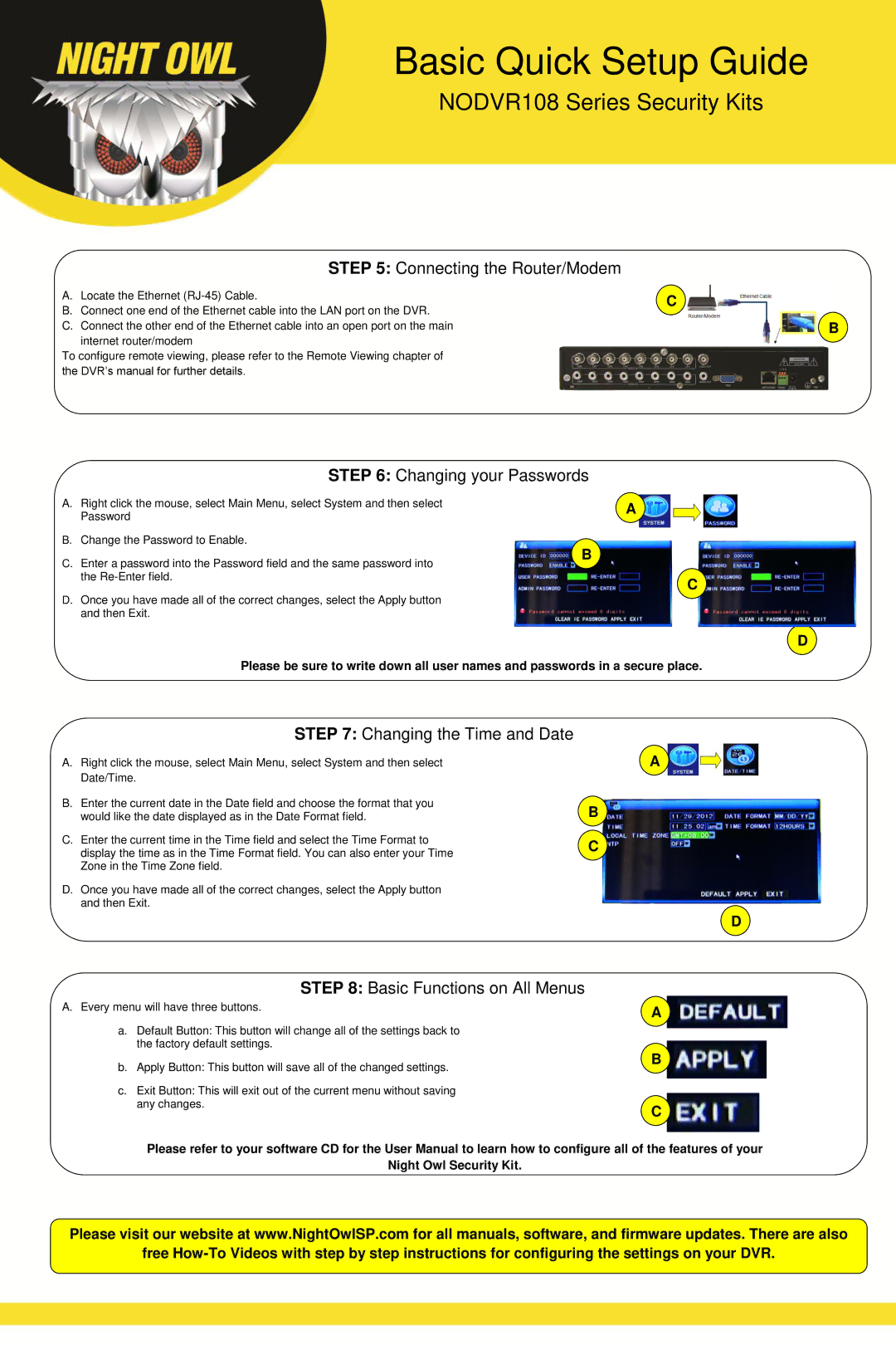 Night Owl Optics 108 setup guide Connecting the Router/Modem, Changing your Passwords, Changing the Time and Date 