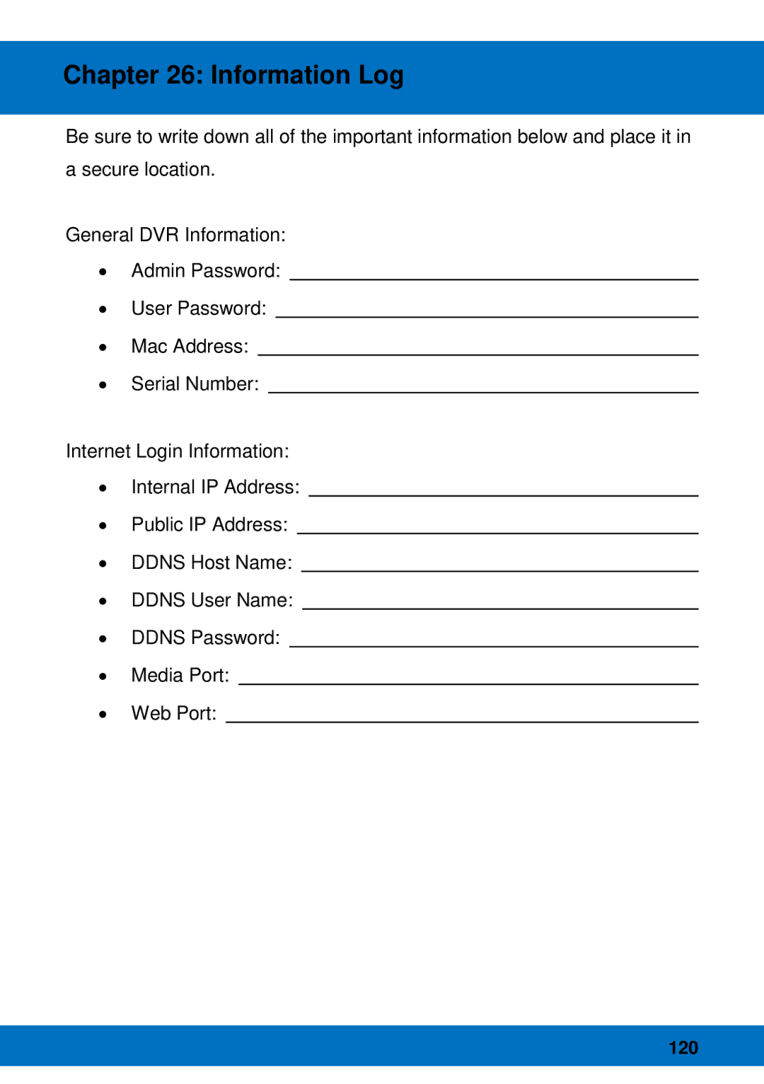 Night Owl Optics Night Owl Pro Remote Access, BJPRO-86-1TB manual Information Log 