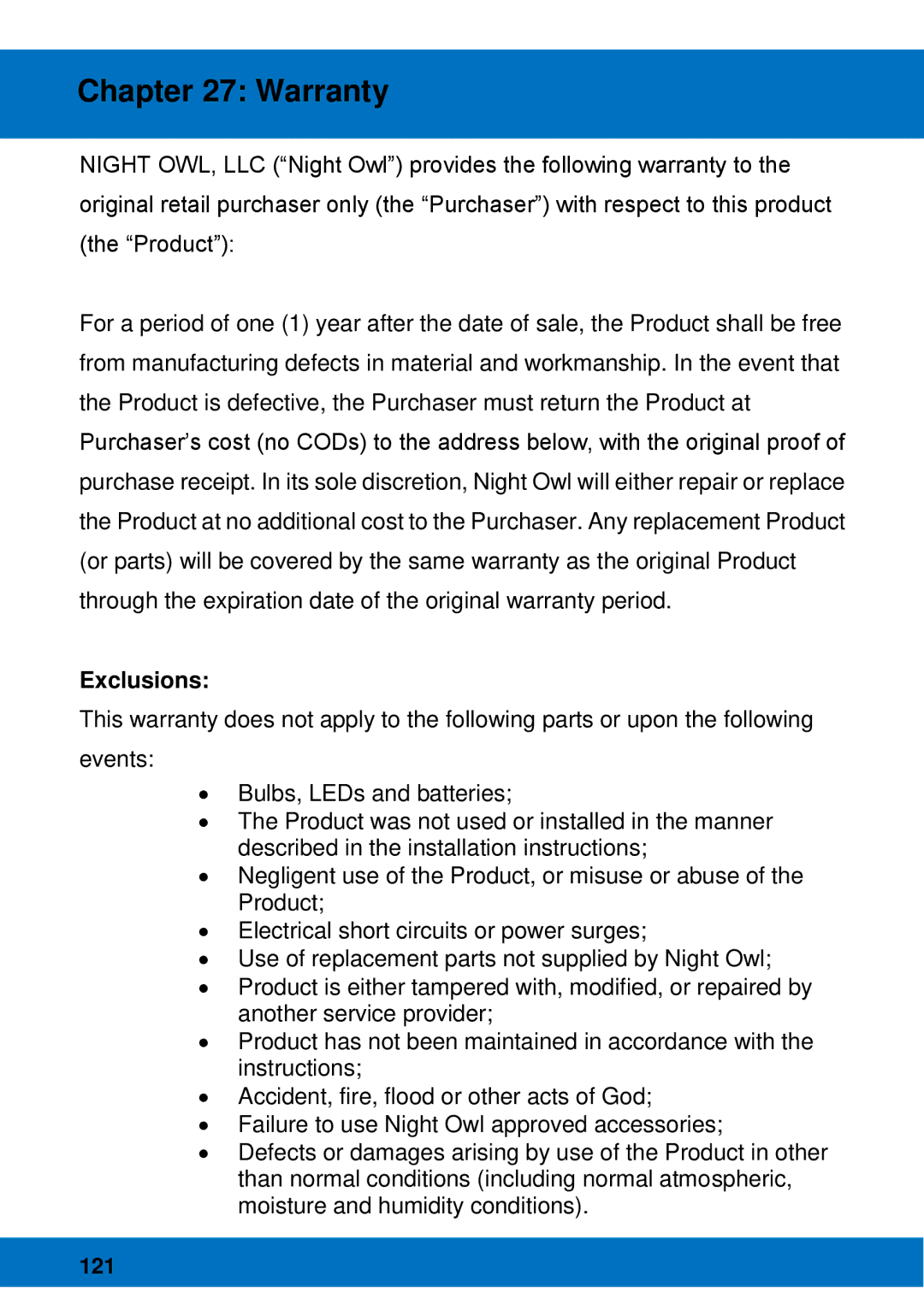 Night Owl Optics BJPRO-86-1TB, Night Owl Pro Remote Access manual Warranty, Exclusions 