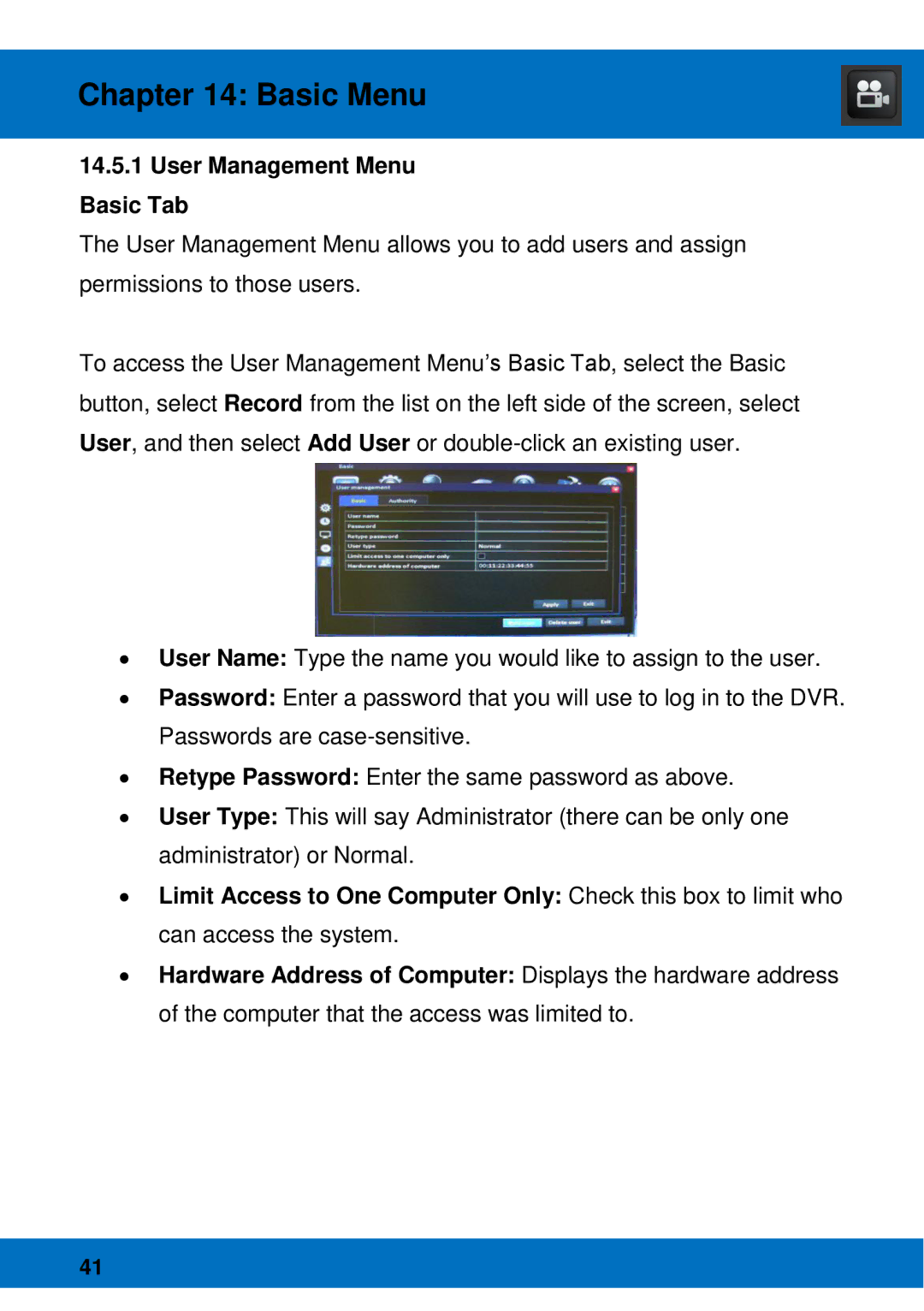 Night Owl Optics BJPRO-86-1TB, Night Owl Pro Remote Access manual User Management Menu Basic Tab 