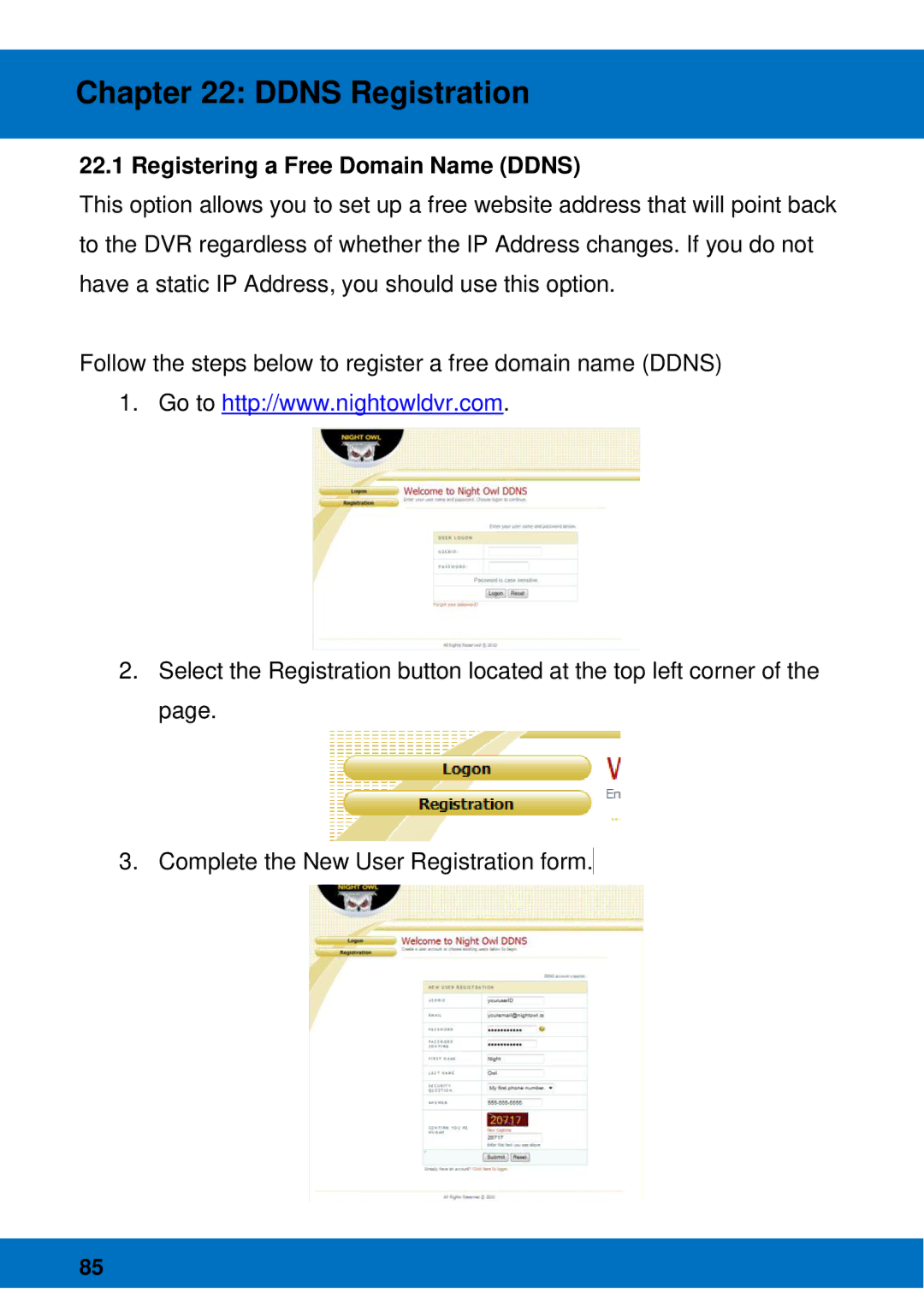 Night Owl Optics BJPRO-86-1TB, Night Owl Pro Remote Access manual Ddns Registration, Registering a Free Domain Name Ddns 