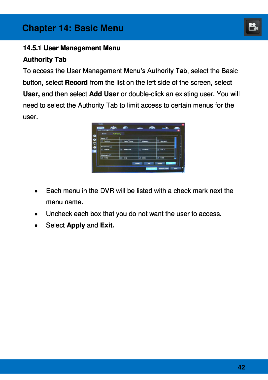 Night Owl Optics Night Owl Pro Remote Access, BJPRO-86-1TB manual 14.5.1User Management Menu Authority Tab, Basic Menu 