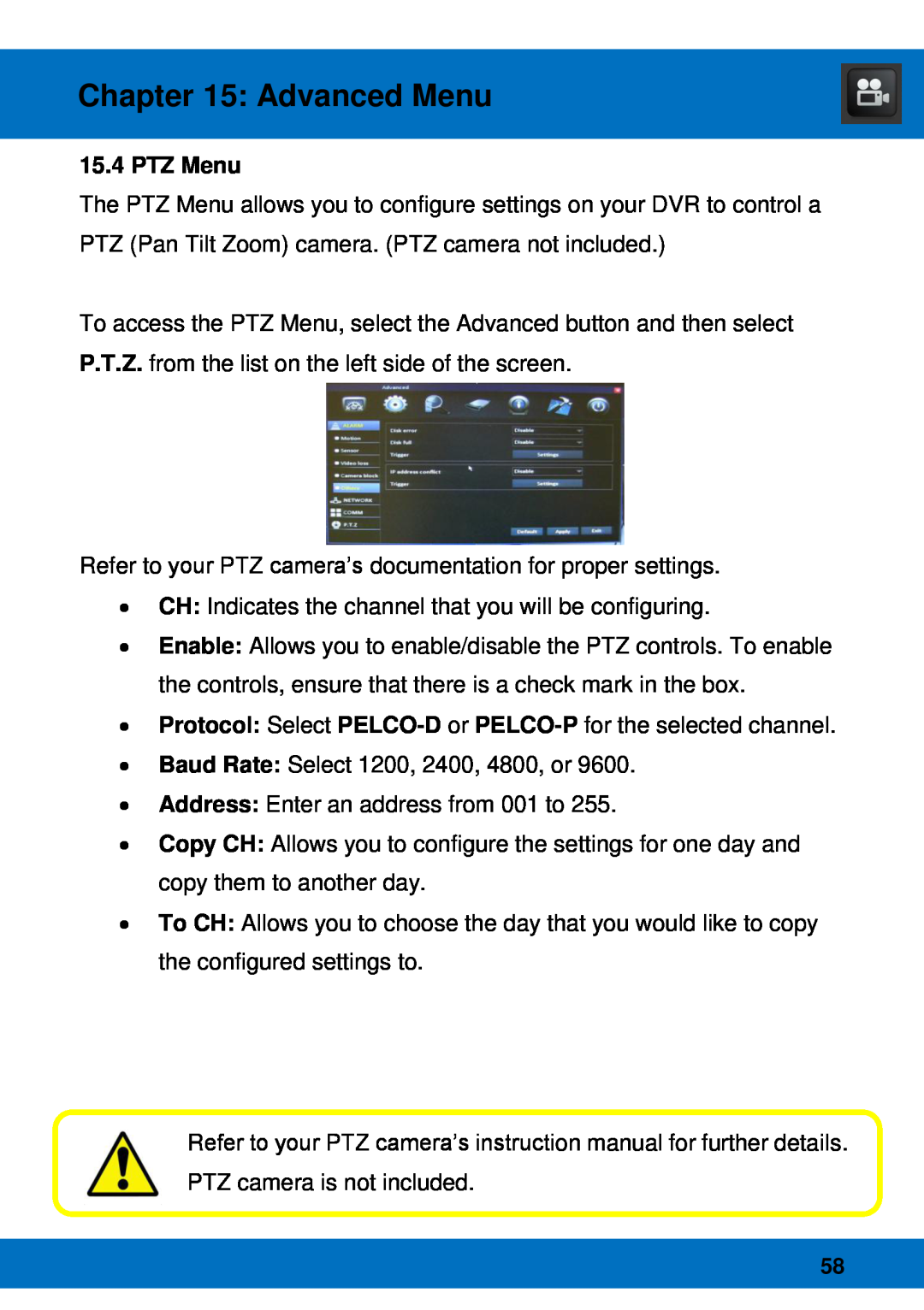 Night Owl Optics Night Owl Pro Remote Access, BJPRO-86-1TB manual PTZ Menu, Advanced Menu 