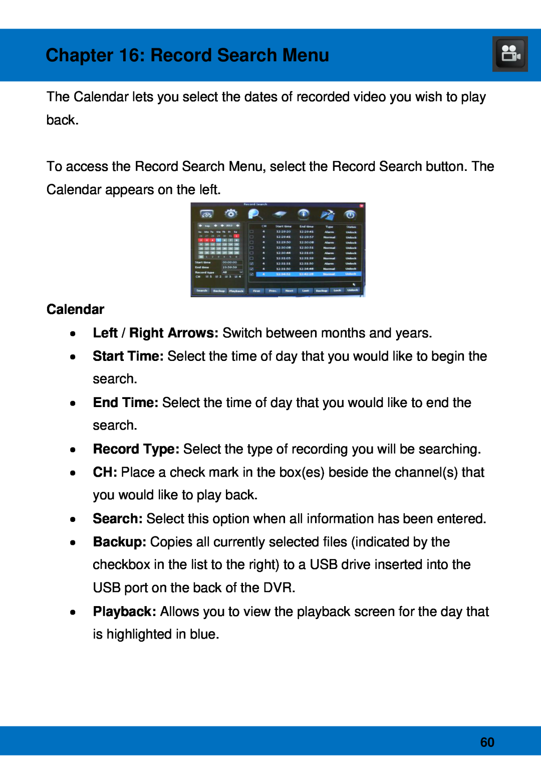 Night Owl Optics Night Owl Pro Remote Access, BJPRO-86-1TB manual Calendar, Record Search Menu 