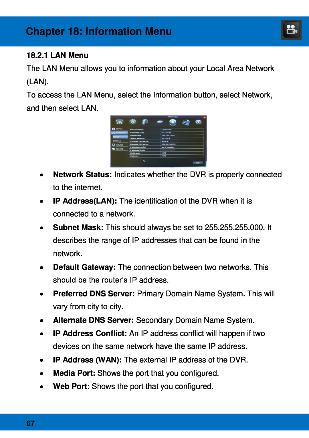 Night Owl Optics BJPRO-86-1TB, Night Owl Pro Remote Access manual LAN Menu, Information Menu 