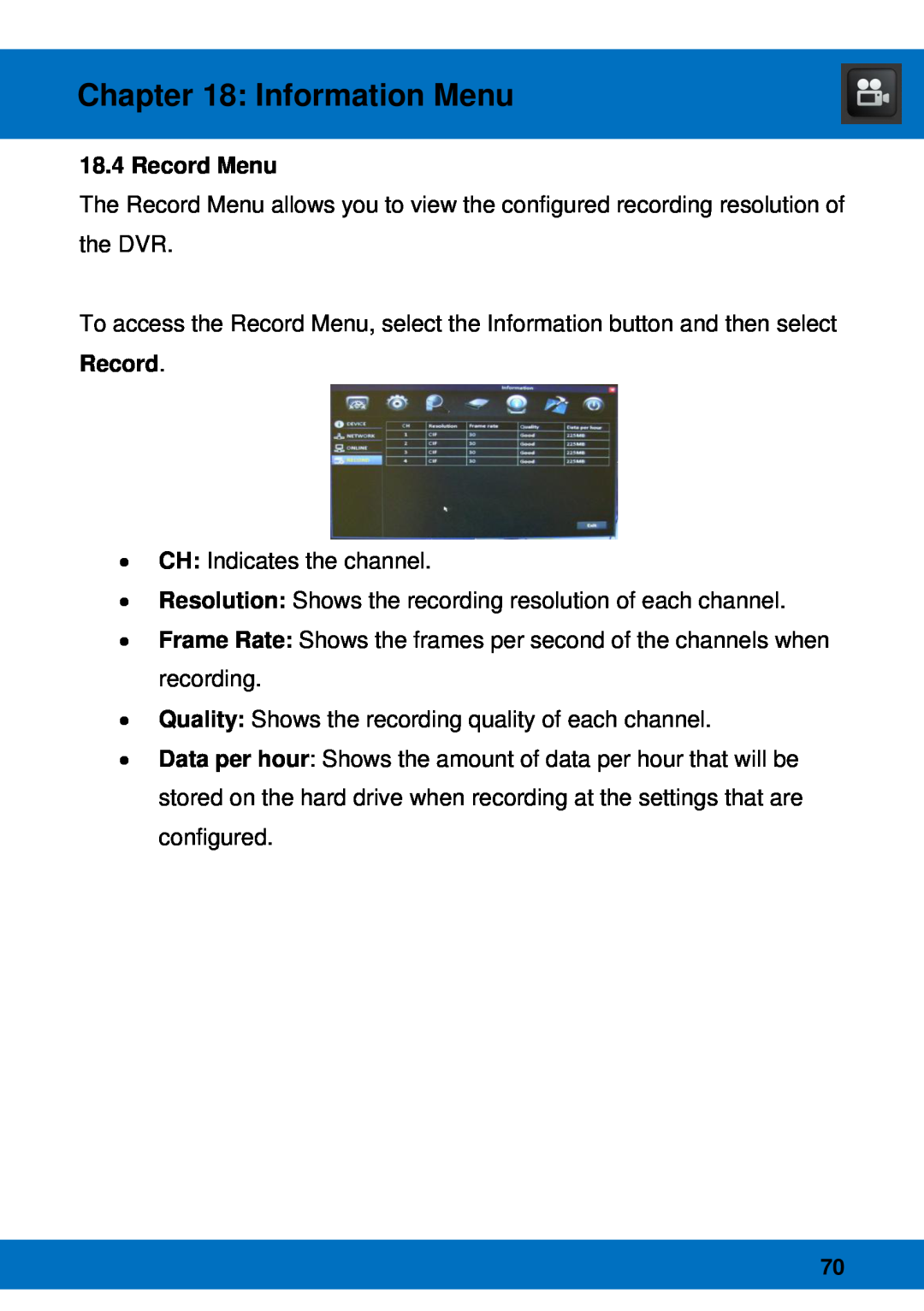 Night Owl Optics Night Owl Pro Remote Access, BJPRO-86-1TB manual Record Menu, Information Menu 