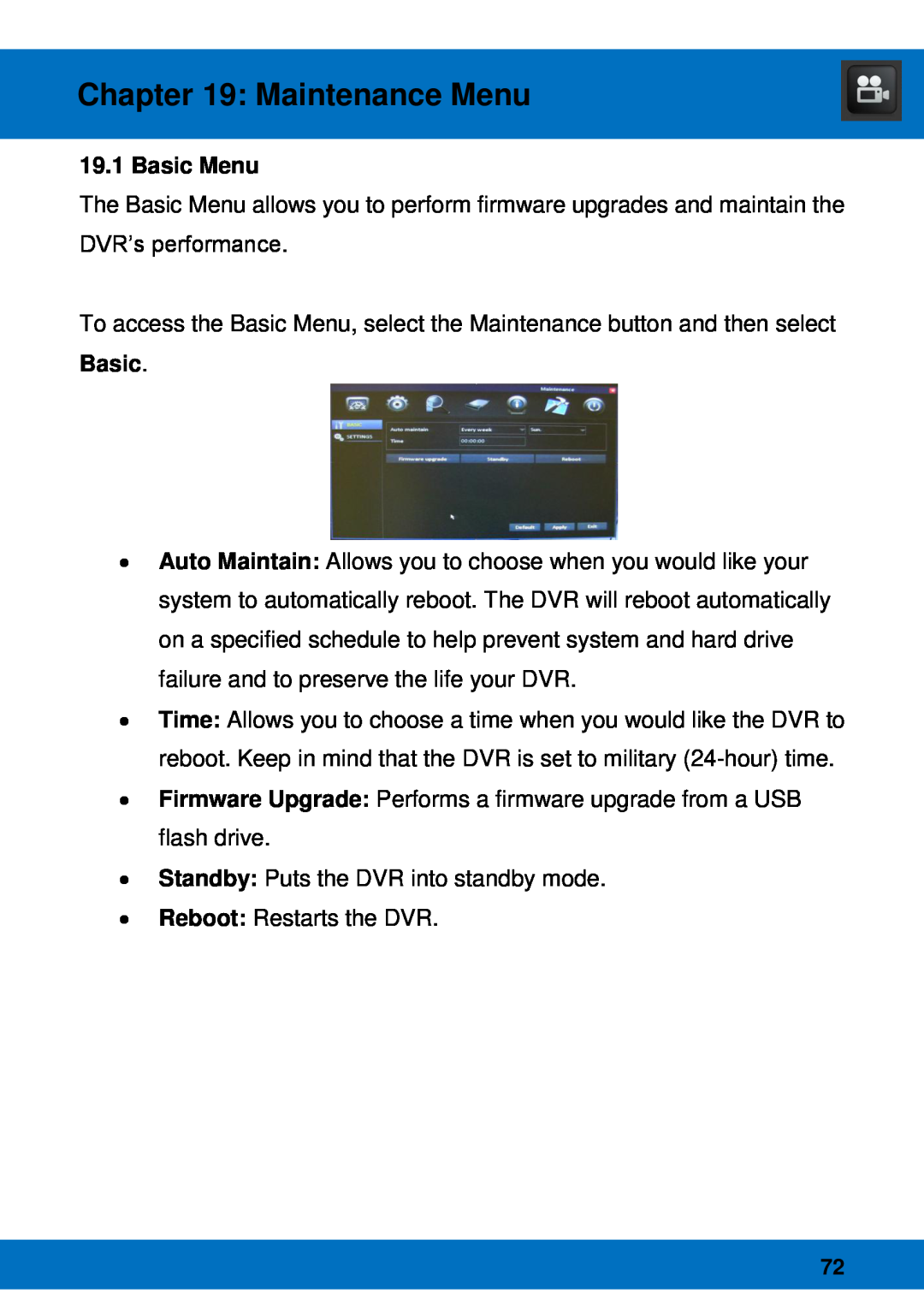 Night Owl Optics Night Owl Pro Remote Access, BJPRO-86-1TB manual Basic Menu, Maintenance Menu 